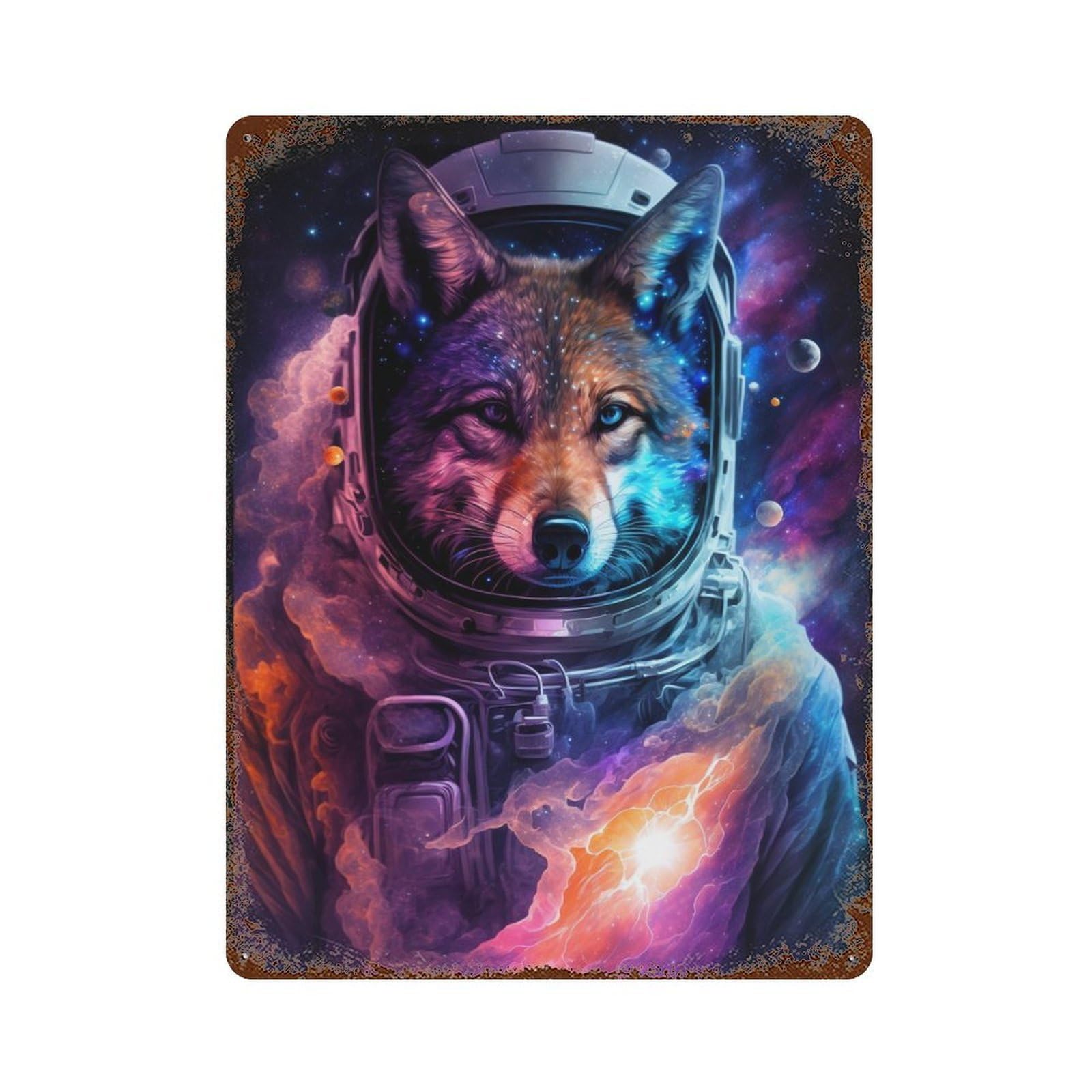 Cosmic Wolf Astronaut Art Print-5 Rust Effect Tin Sign 15.7"x11.8", for Farmhouse, Kitchen And Entryway Decor, Decorative Metal Wall Art