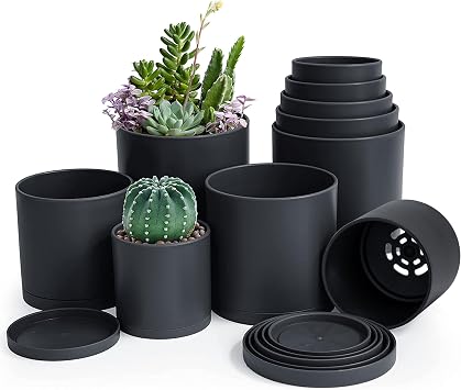Dvine Dev Pack of 10 Plastic Plant Pots 2 Set of 6 Inch, 5.5 Inch, 5 Inch, 4.5 Inch, 4 Inch Small Planter Pots for Plant with Drainage Holes and Saucers, Black, 74-R-B