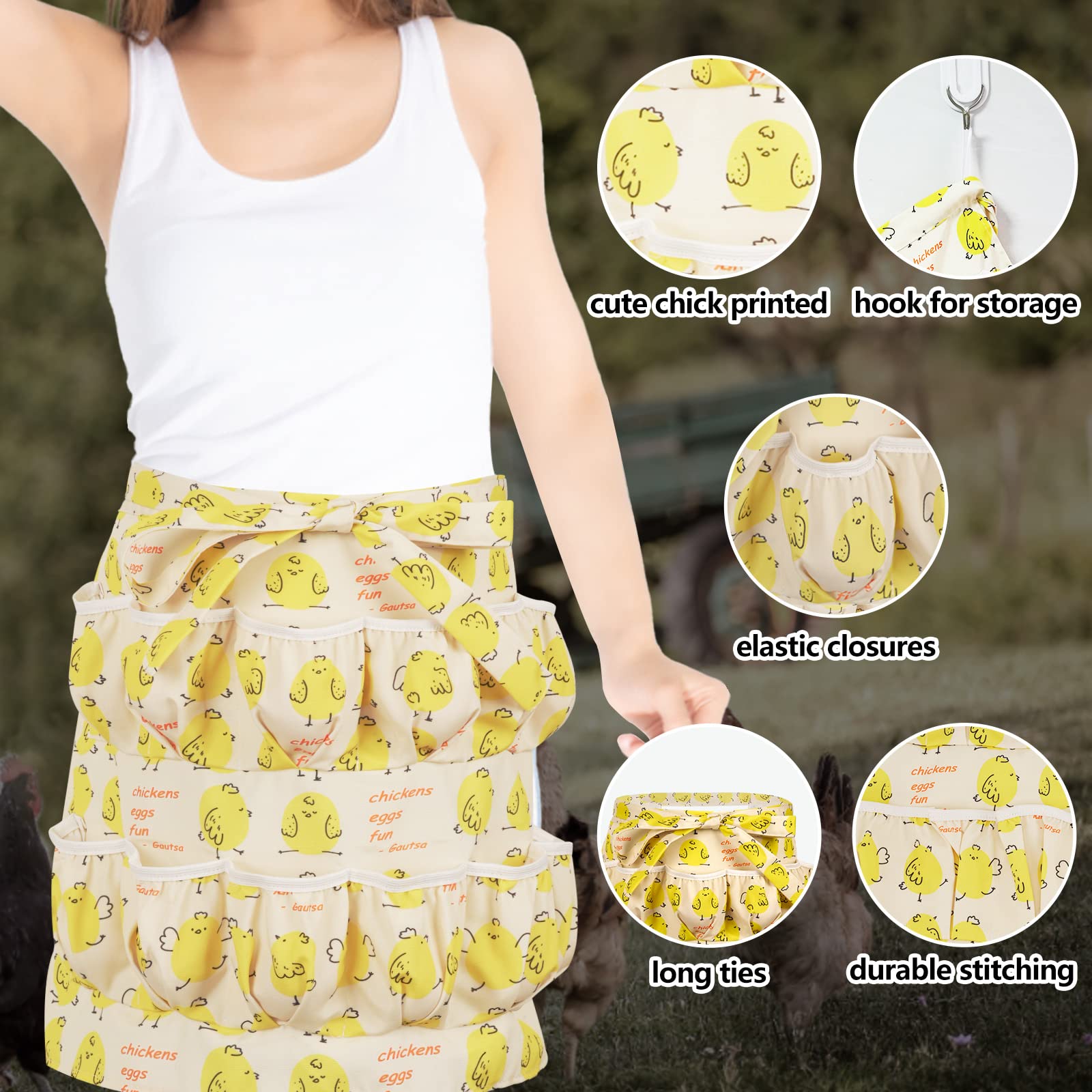 Gautsa Egg Apron for Kid and Adult, Deep Pockets with Elastic Closures, with Hook, Fresh Egg Collecting Gathering Holding Apron (yellow for kid)