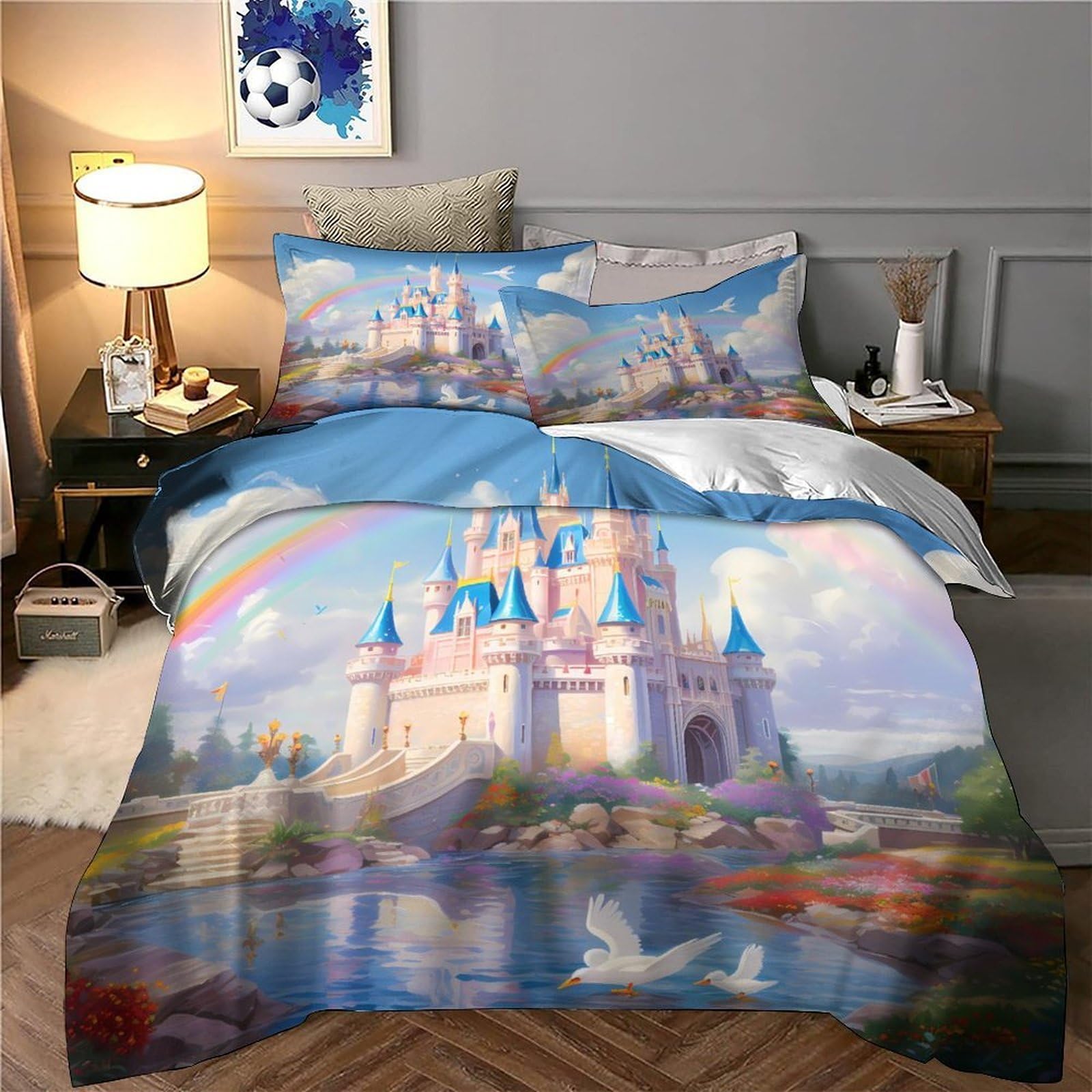 Fantasia del castello Impressione 3D 3 pz fodera per edredone Stile fiaba magica coperteletto microfibra morbida ipoallergenica per bambini ragazze adulti King（220x240cm）