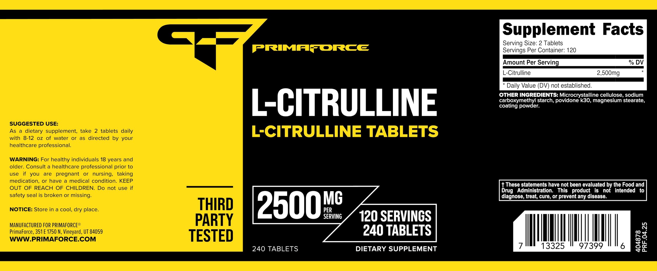 Amazon.com: Primaforce L-Citrulline 2500mg, 240 Tablets, 120 Servings :  Health & Household