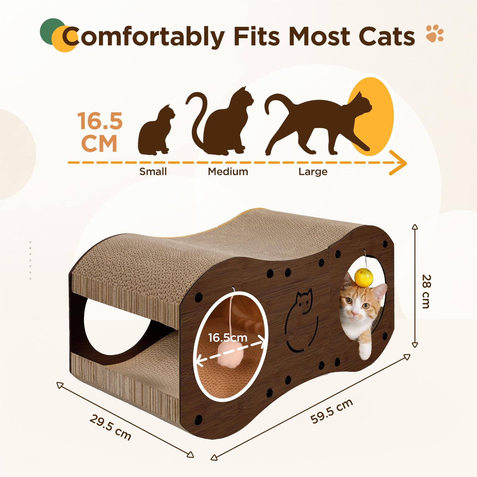 Gimars Griffoir Chat en Carton 3-en-1 avec Tunnel, Griffoir en Carton pour Chats avec Balles, Protection des Meubles, Style Bois (Noyer)