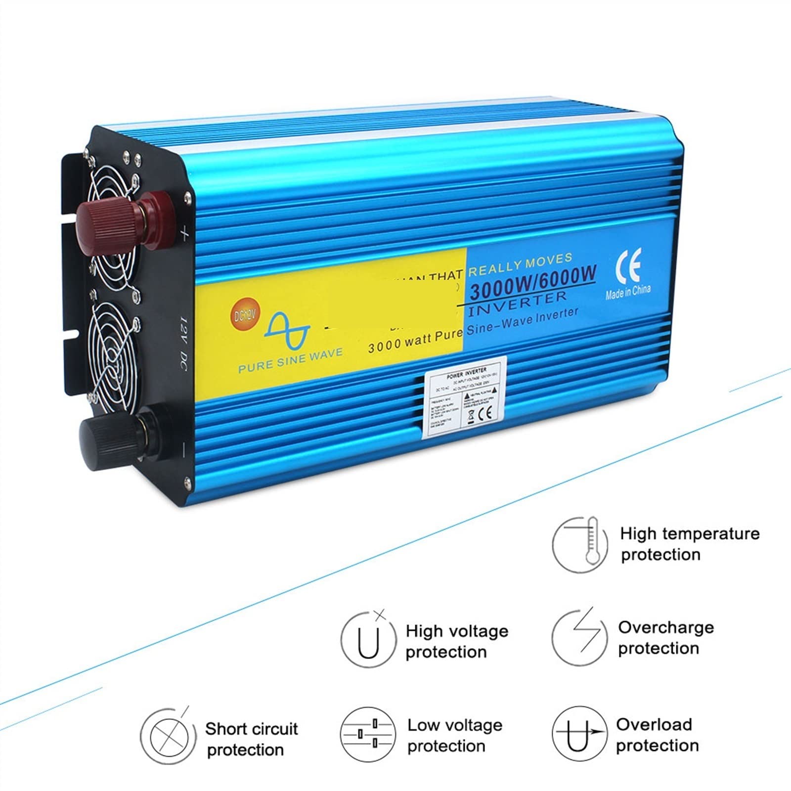 Inverter a onda sinusoidale pura Inverter 12v/ 24v 220v 6000w 50HZ/60HZ Onda sinusoidale pura Convertitore trasformatore di tensione solare Display a LED Ricarica doppia presa UE(12V 60HZ)