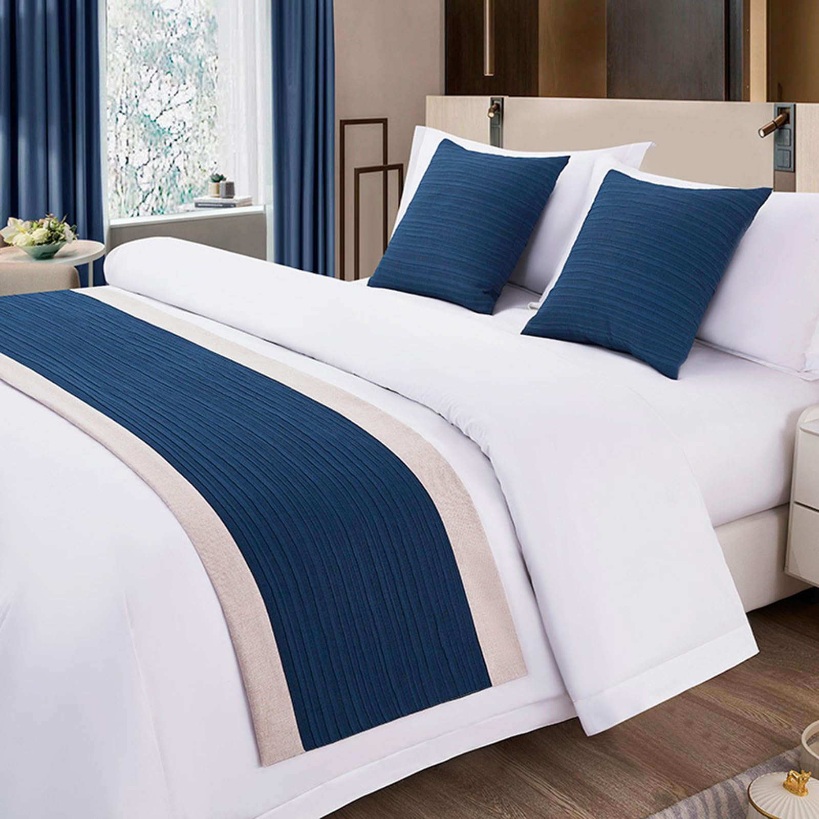 QRGMKL Contrast Color Bed Runners and Matching Cushions Patchwork Bed Scarves Bedding Protector Simple Bed Scarf Bedspread Bedroom Hotel Bedding Decor-Navy||160X50cm for 1m Bed