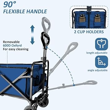Collapsible Utility Cart Folding Wagon, 320lbs Capacity Lightweight Rolling Cart with Quiet Wheels, Quick-Fold Design for Camping, Shopping, Ourdoor Use, Blue