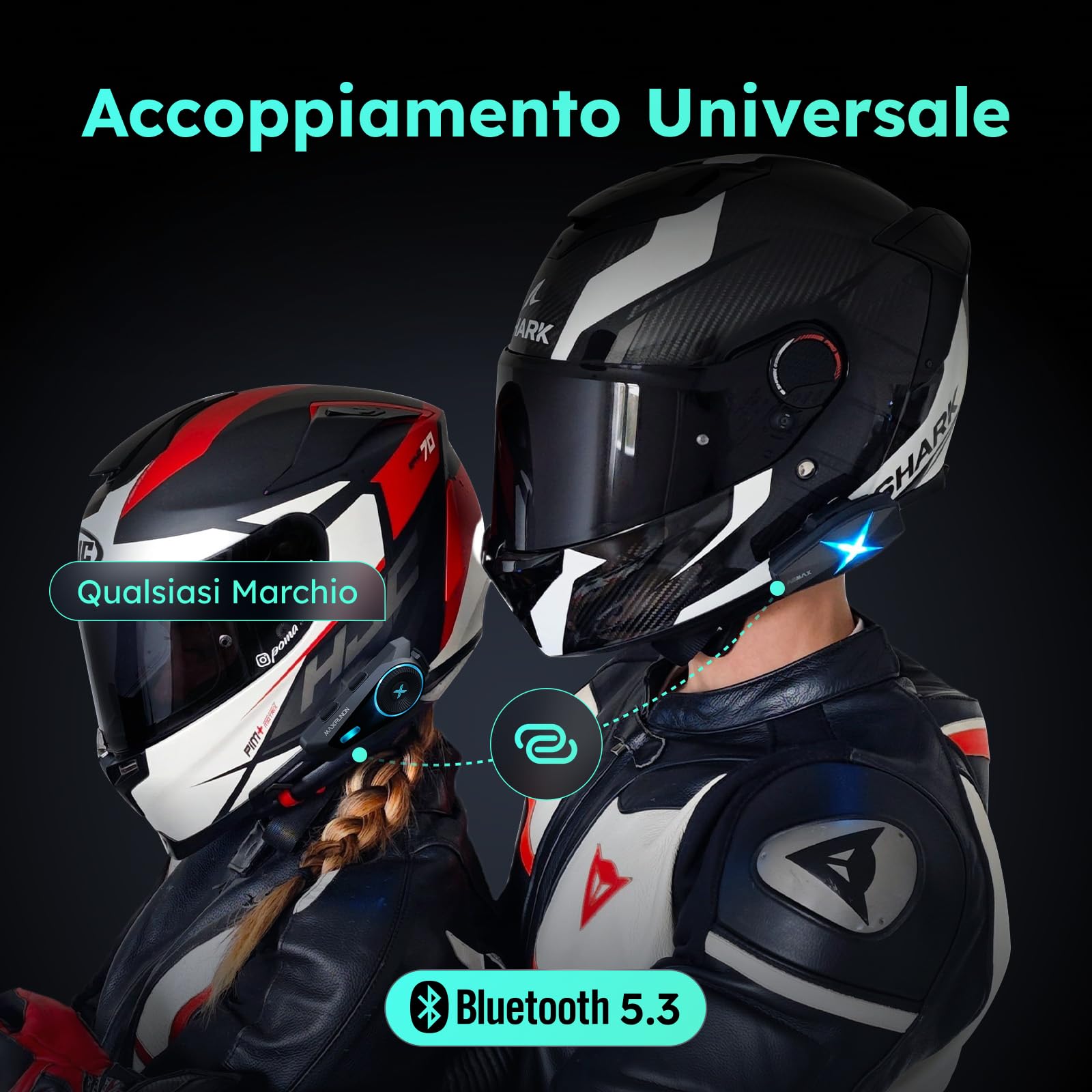 ASMAX F1 Interfono Moto, Comunicazione Bluetooth con Controllo Vocale, Interfono Mesh da 1,8km per 10 Piloti, Ricarica Rapida/Universale/Cancellazione del Rumore/IP67 Impermeabile,Doppio