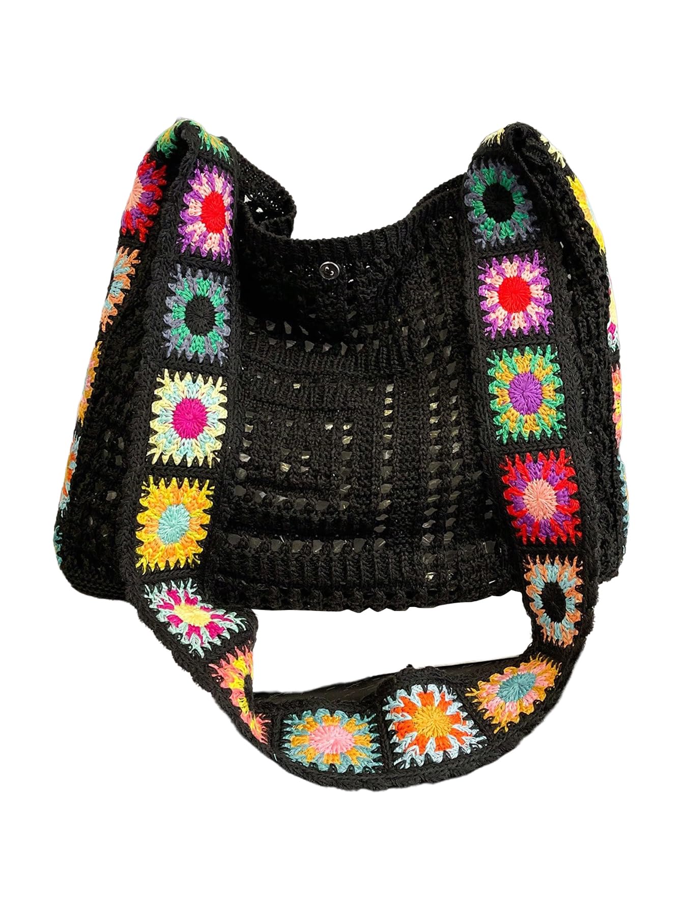 QWINEE Women's Boho Embroidery Crossbody Bag Hollow Out Crochet Knit Shoulder Bag Tote Handbag