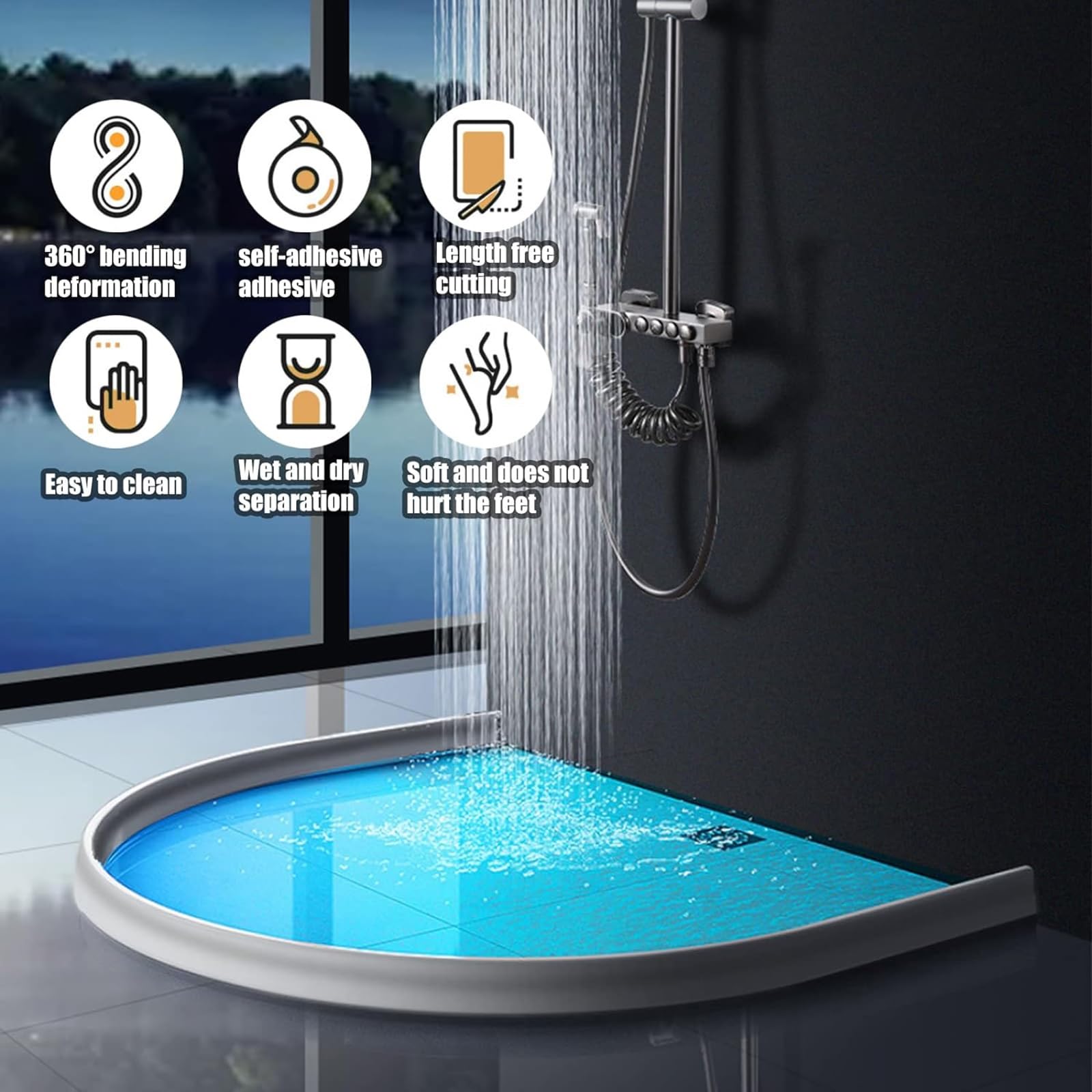 Diga d'acqua per soglia porta doccia in silicone, barriera d'acqua pieghevole Barriera bianca autoadesiva per pavimento umido, per lavello della cucina, striscia di tenuta per pavimento del bagno ( Co