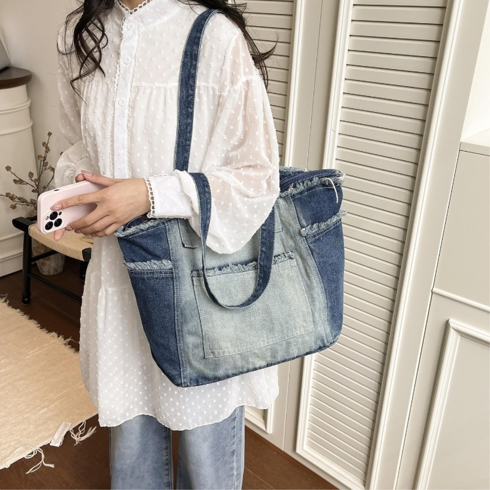 Borsa a Tracolla sac À Épaule Franges En Denim De Grande Capacité Style Lavé pour Les Femmes Navette Quotidien Correspondant-Light Blue