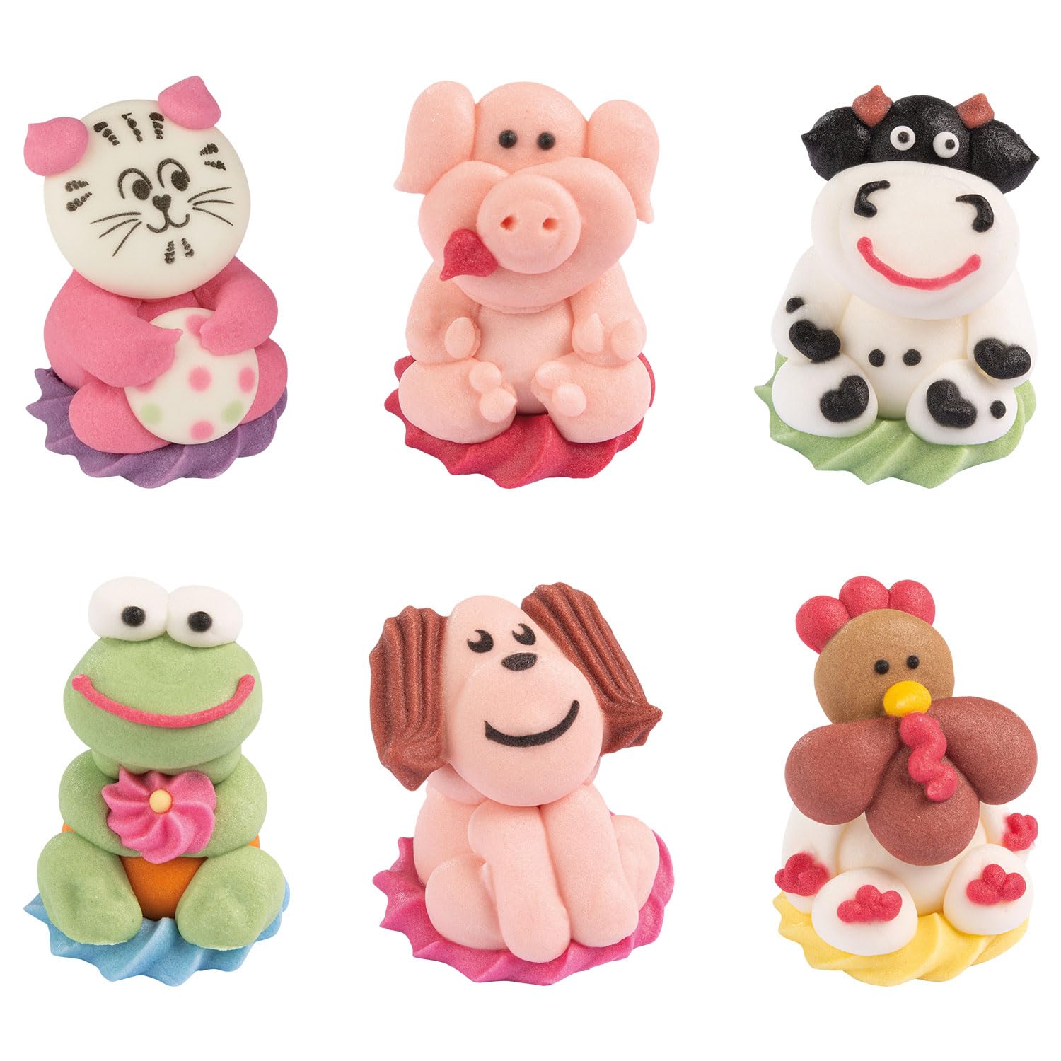 Günthart 96 Stück Farmtiere aus Zucker in sechs verschiedenen Motiven Katze, Schwein, Kuh, Frosch, Hund und Hahn als Tortendeko, 1er Pack (643 g)
