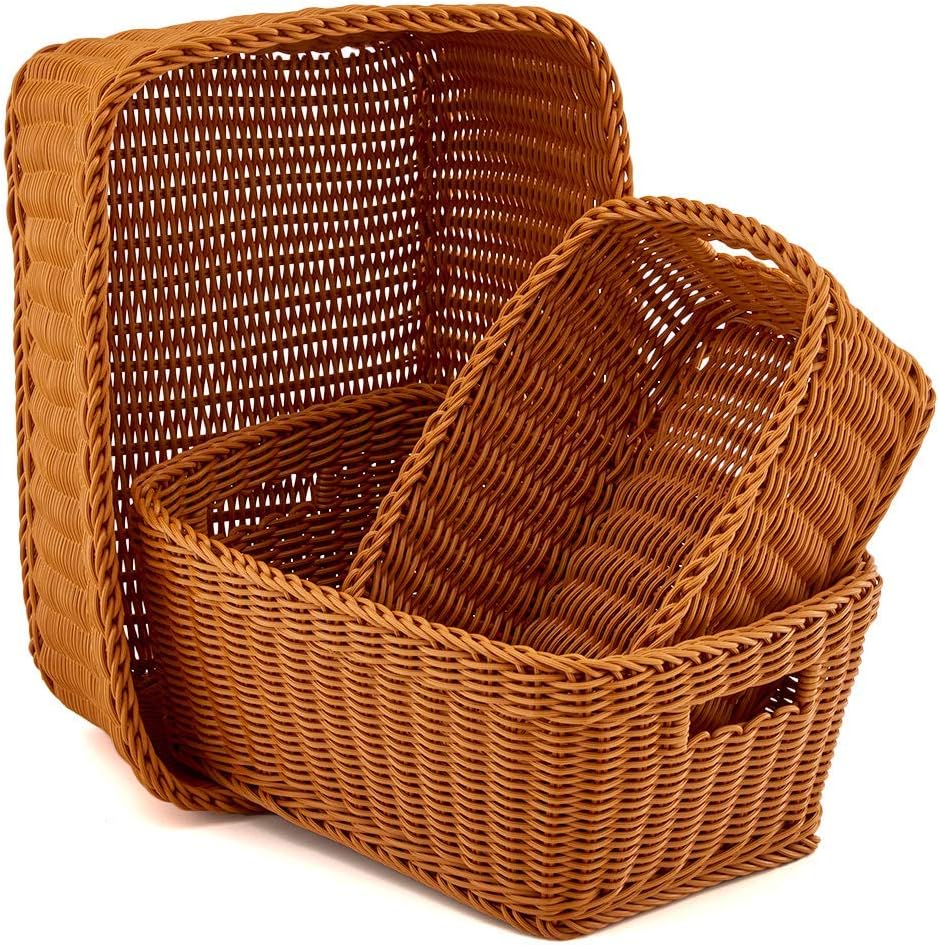 EZOWare Set of 3 Plastic Waterproof Storage Wicker Baskets Bins Boxes Organizer with Handle - Brown