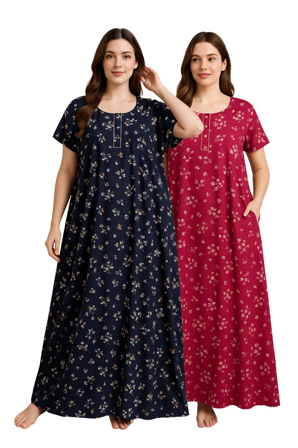 Pure Cotton Nighty for Woman | Floral Gown for Women Night Wear with Pocket | Cotton Nighty for Women Stylish | Maxi for Women Cotton