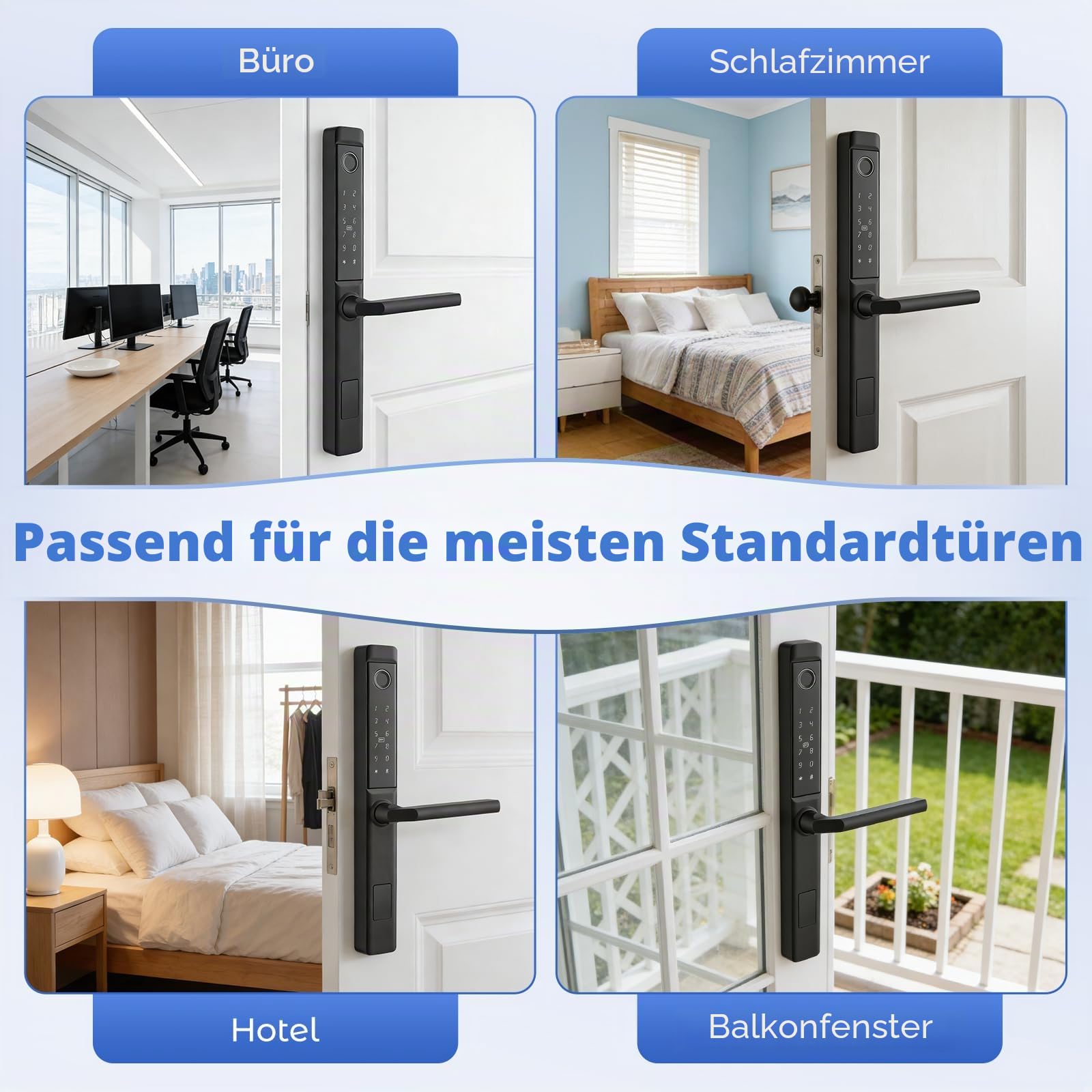 Smart-Türschloss Fingerabdruck-Türschloss, Intelligentes Haustürschloss mit Griff & Touch-Tastatur, Semiconductor-Fingerabdruck, RFID/APP/Code/Fernbedienung, für Aluminium-Holz-Vorhänge