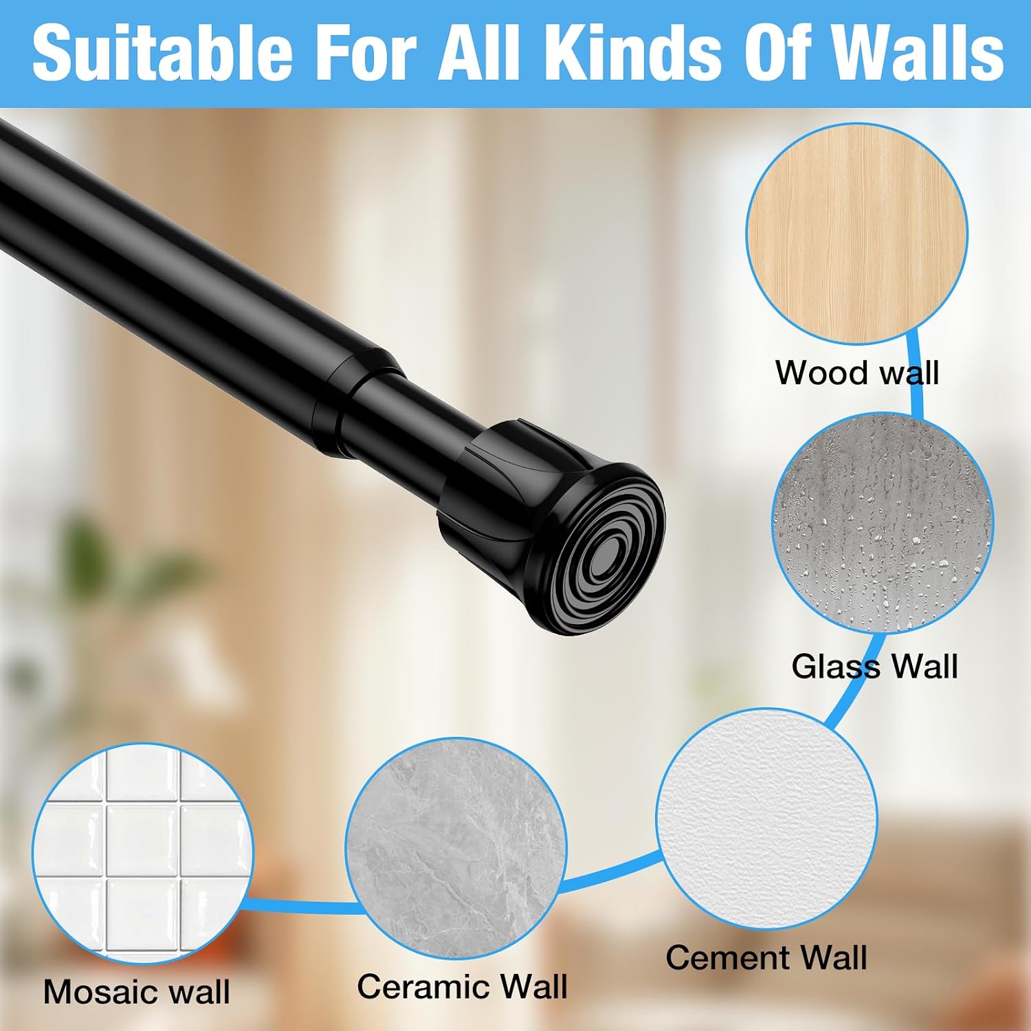 6 Pack Spring Tension Rods 27-38 Inches,5/8" Diameter Black Spring Load Adjustable Expandable,Small Short Tension Curtain Rod for Windows,Kitchen,Doorway,Bathroom,Cupboard Bars