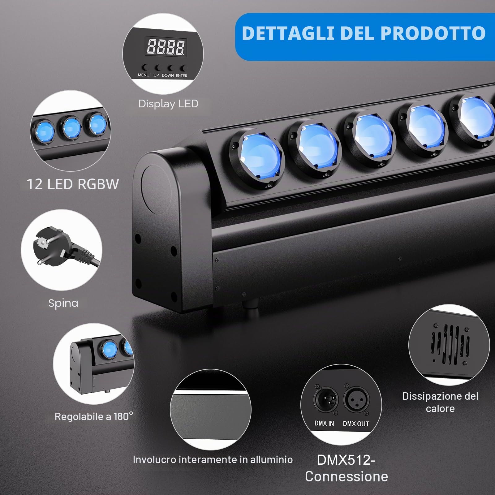 12x20W RGBW LED Teste Mobili Fascio Luce Wallwasher, d-mx512 (7/11/55CH)/Controllo Sonoro-Attivo Asse Y 180° Luce Barra Professionale per Palcoscenico Discoteca Partito Concerto