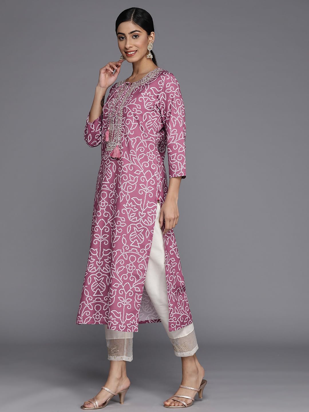 Varanga Women Purple Bandhani Print Yoke Embroidered Kurta With 3/4 Sleeves And White Palazzo Pants (Extra Large)