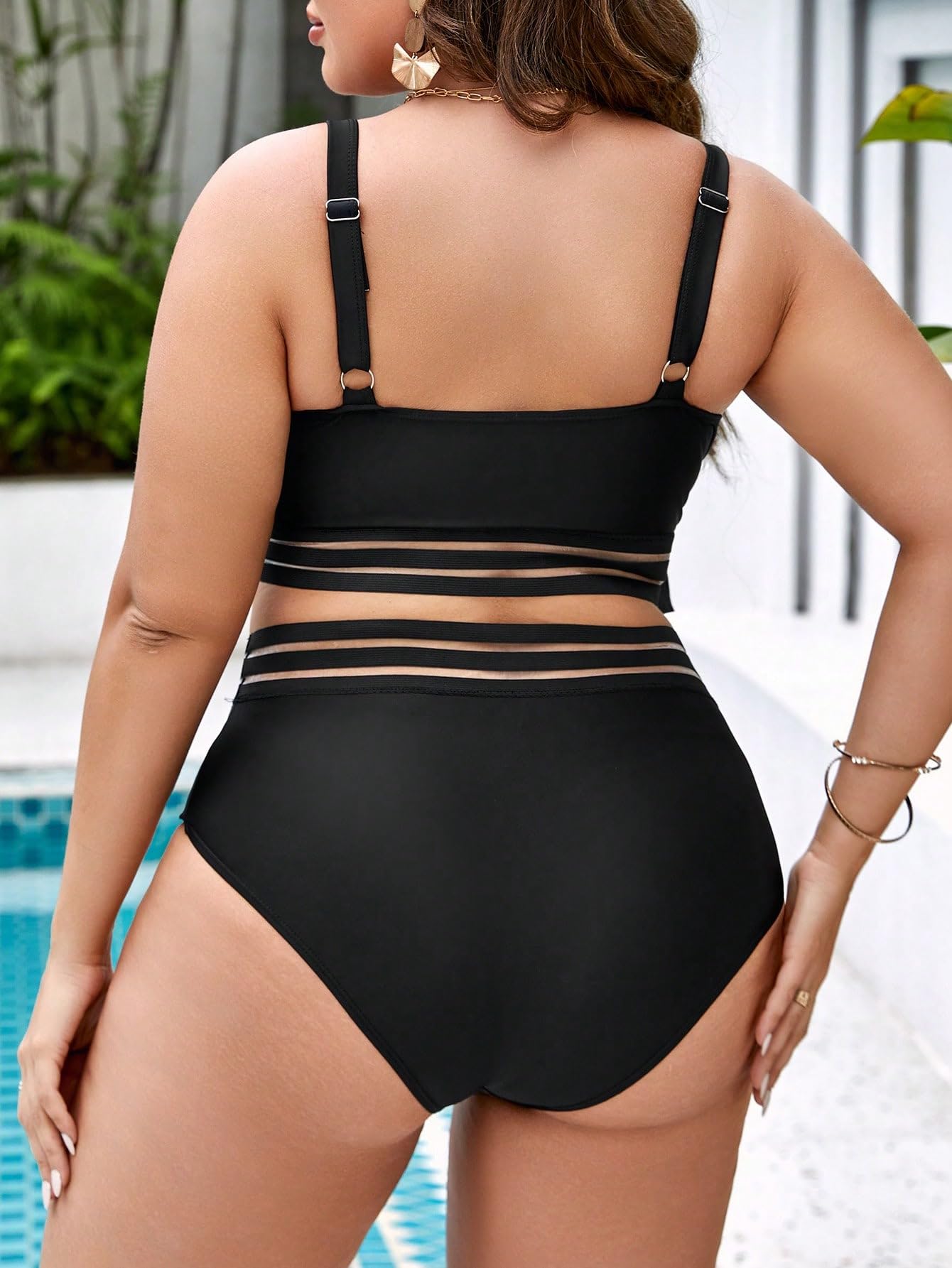 Costume da Bagno Donna Taglie Forti 2 Pezzi Bikini con Volant in Rete Scollo A V E Pantaloncini Sfacciati Nero 0XL(XX-Large Plus)