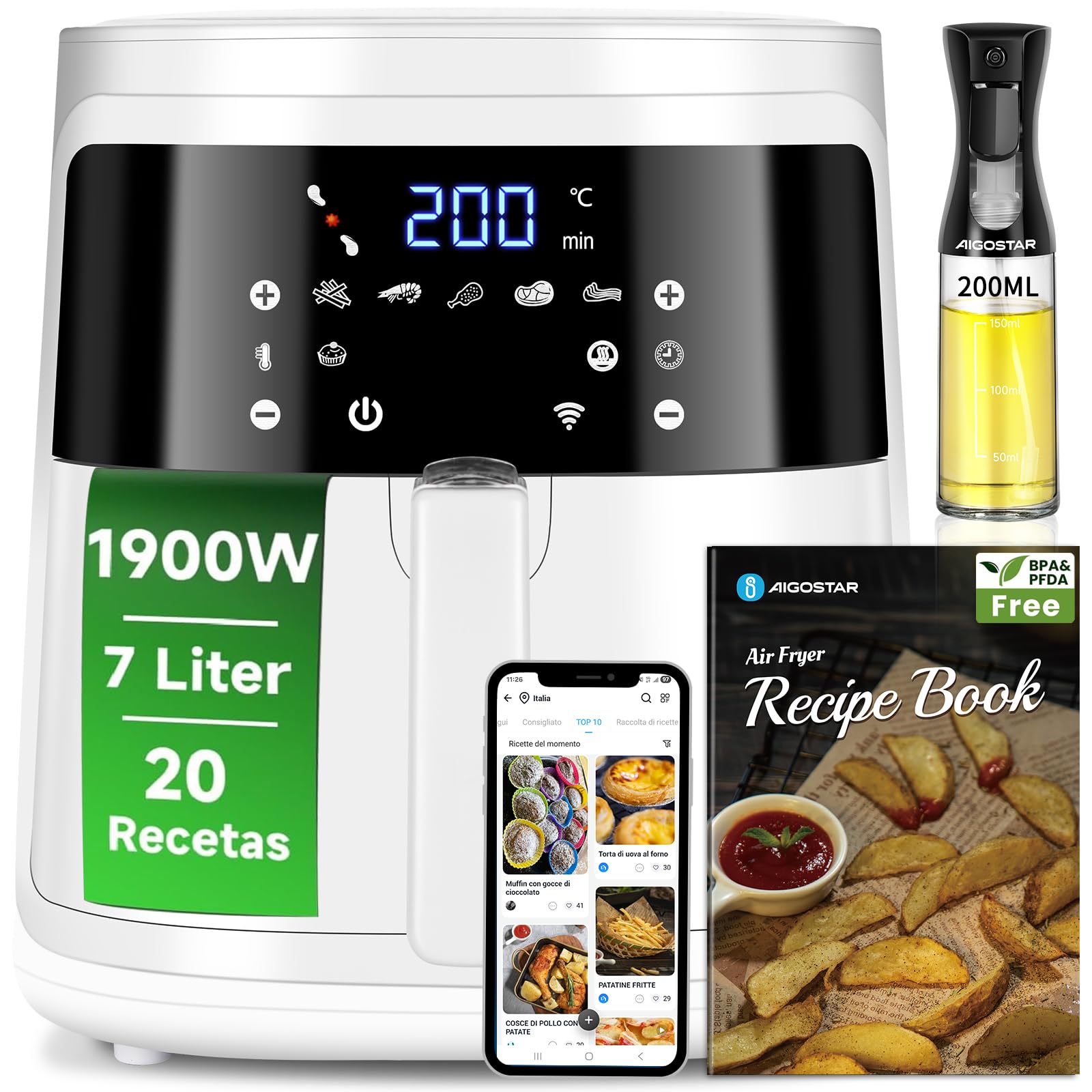 Aigostar Friggitrice ad Aria 7L Smart 1900W - WiFi/App con Ricette, 7 Programmi, Schermo LED Touch, Circolazione Aria 360°, Cottura Senza Olio, Cestello Rimovibile Lavabile in Lavastoviglie, bianco