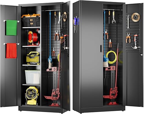 Miniatura 10 de Armario de almacenamiento de metal con cerradura, armario de garaje de metal con cerradura con tableros de clavijas y ganchos para garaje, almacén,