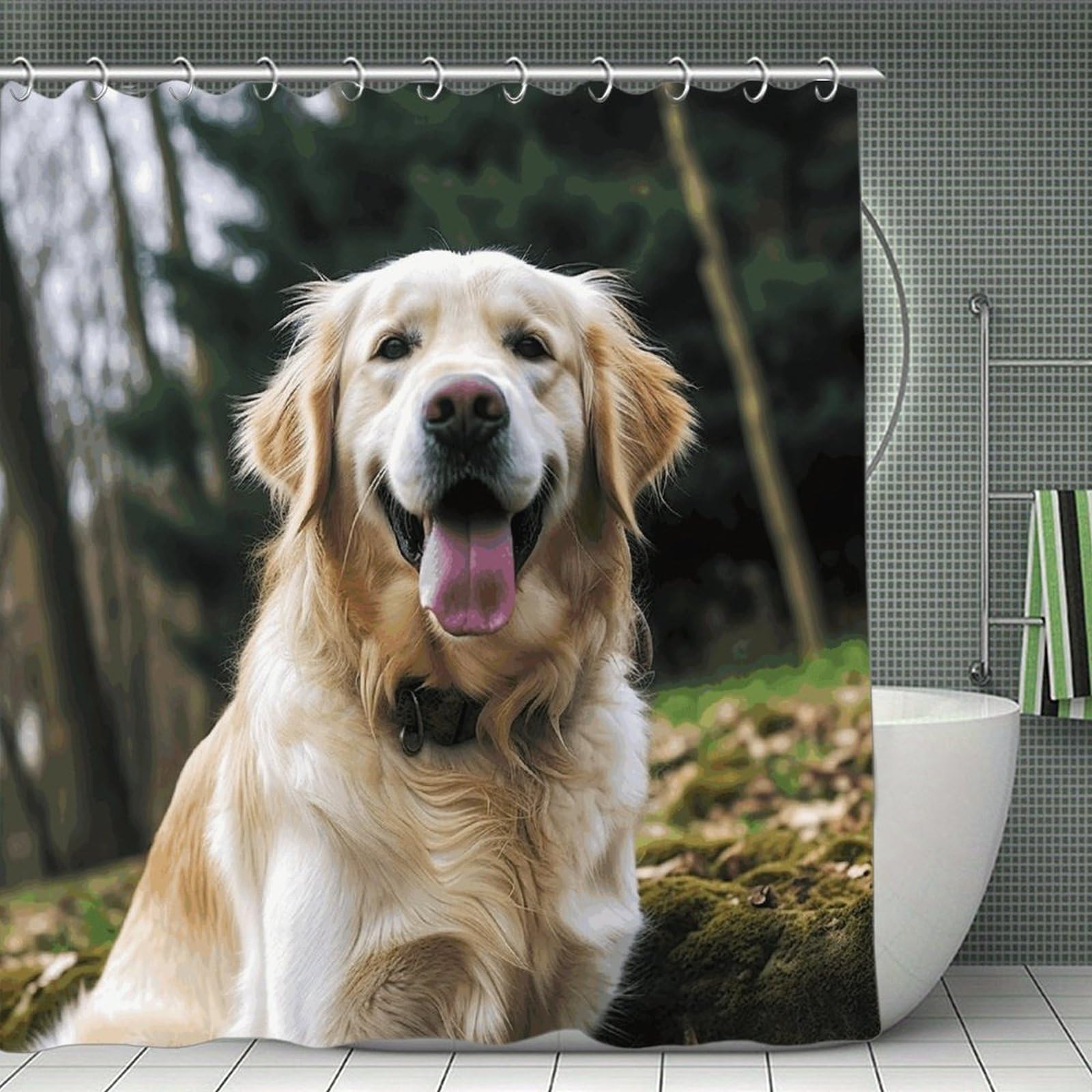 VstaDank Funny Golden Retriever Shower Curtain Waterproof Bathroom Curtain with Hooks Luxury Weighted Bath Curtains for Bathtubs Showers Room Dividers Decorative Shower Curtains 71x71 in