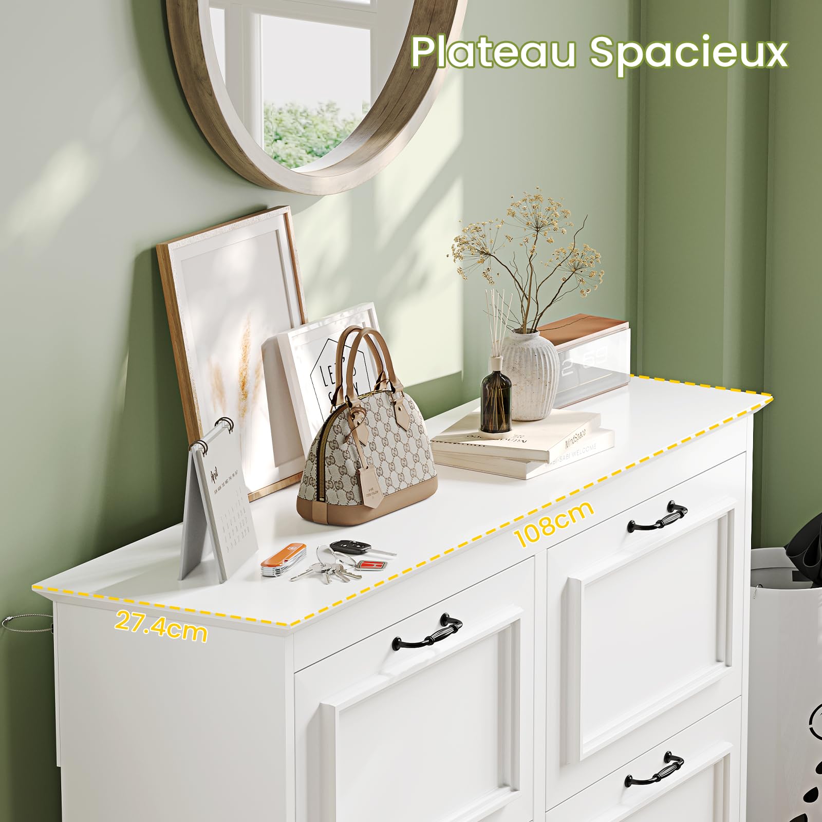 Brinlawb Meuble à Chaussures Entree, Armoire à Chaussures avec 4 Portes abattantes,Séparateur Réglable, Peut contenir 18 à 24 paires de chaussures Pour entrée, couloir, séjour, chambre,4 tiroirs Blanc