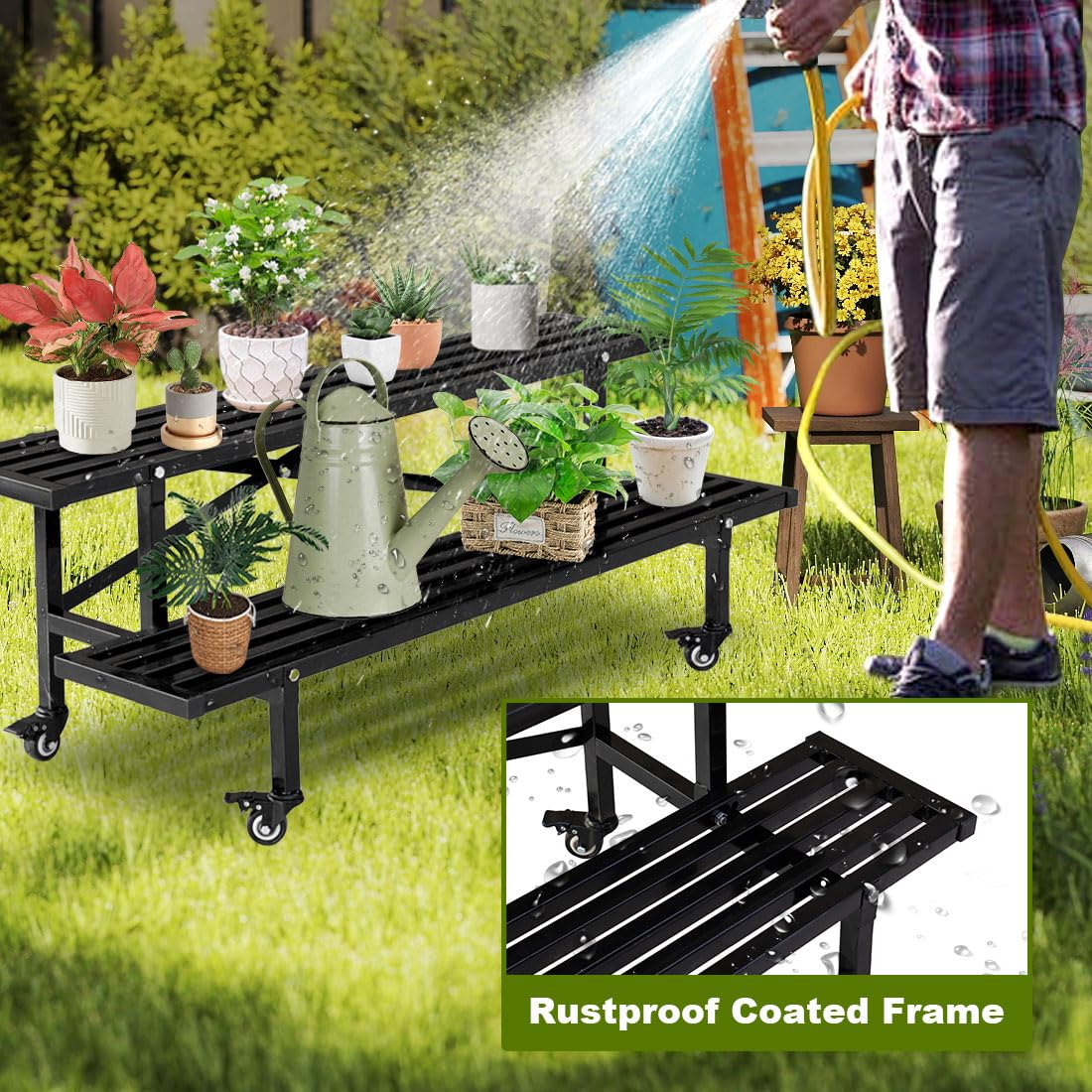 Blumenregal mit Rollen Metall 2 Etagen Pflanzenständer für Balkon Garten | Blumentreppe,wasserdicht,rostfrei,starke Tragfähigkeit,einfache Montage, 4 Rollen, 200 kg, für Wohnzimmer, Terrasse, Büro