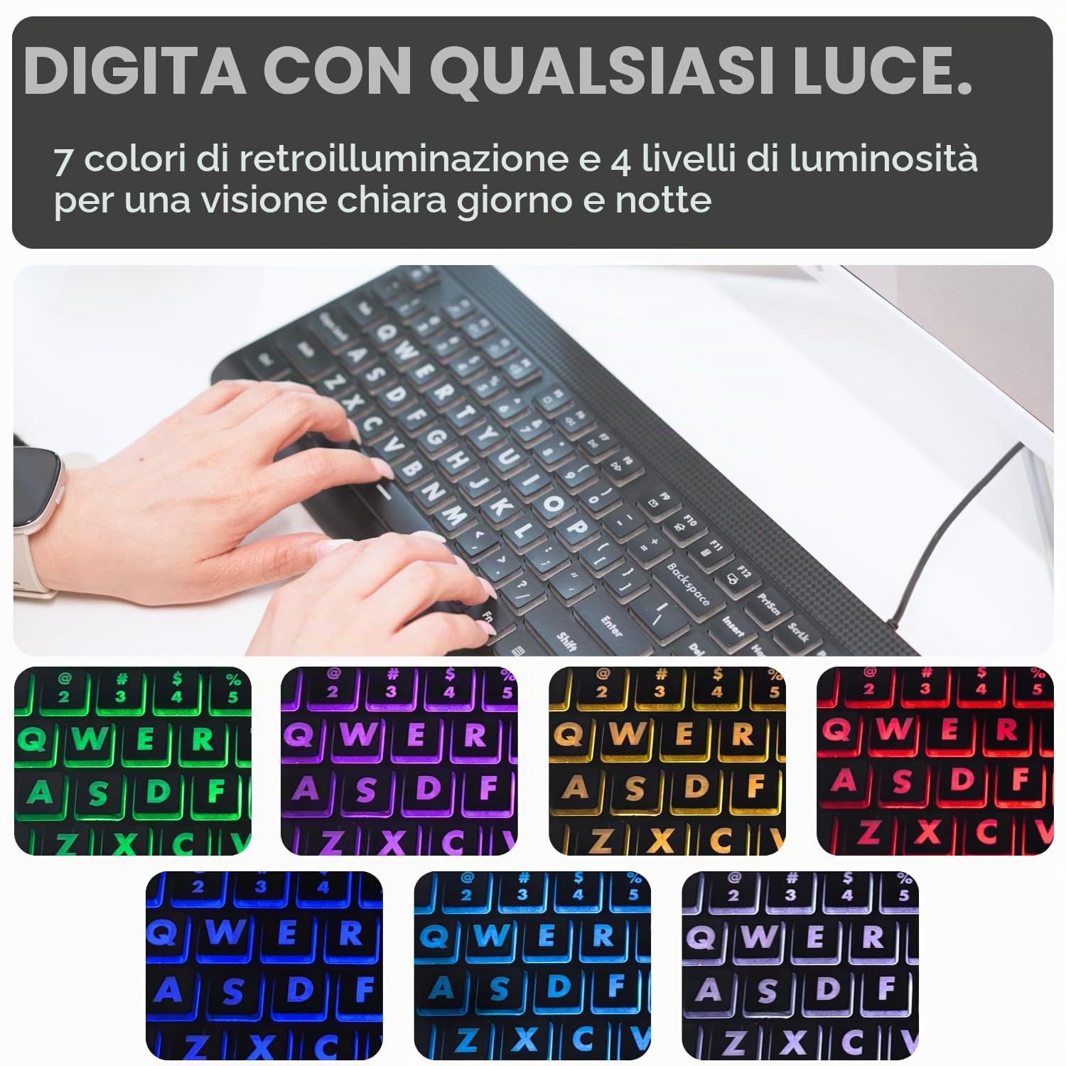 X9 Performance Tastiera retroilluminata di grandi dimensioni, facile da vedere, con cavo USB, layout a 107 tasti, 7 LED a colori, tastiera grande per ipovedenti, per PC Windows