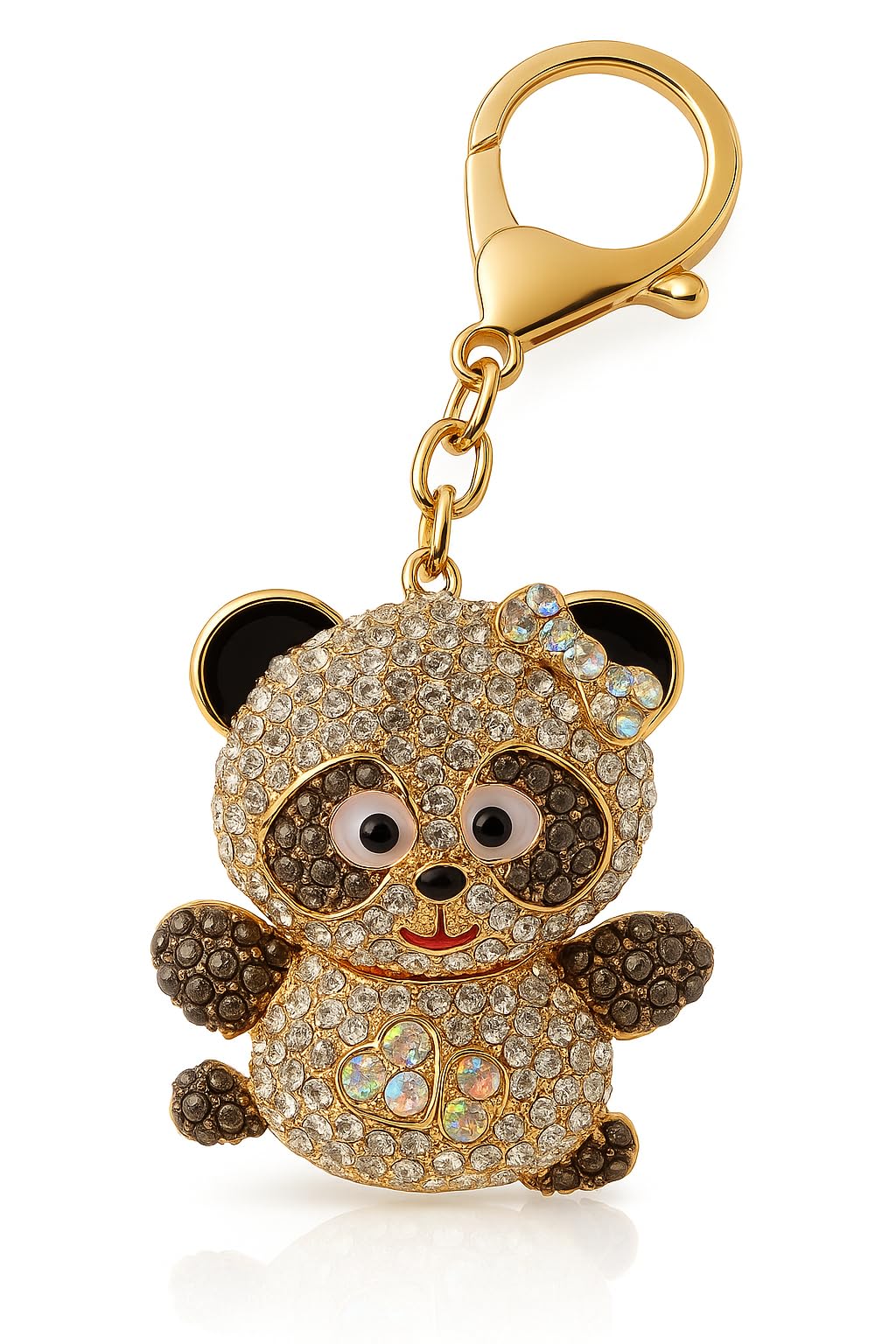 Added Sparkle Women's Silver, Black White Crystal Panda Keyring With Rhinestone Bow – Cute Sparkly Panda Bag Charm Keychain For & Girls, Gold Plated, 11.5Cm