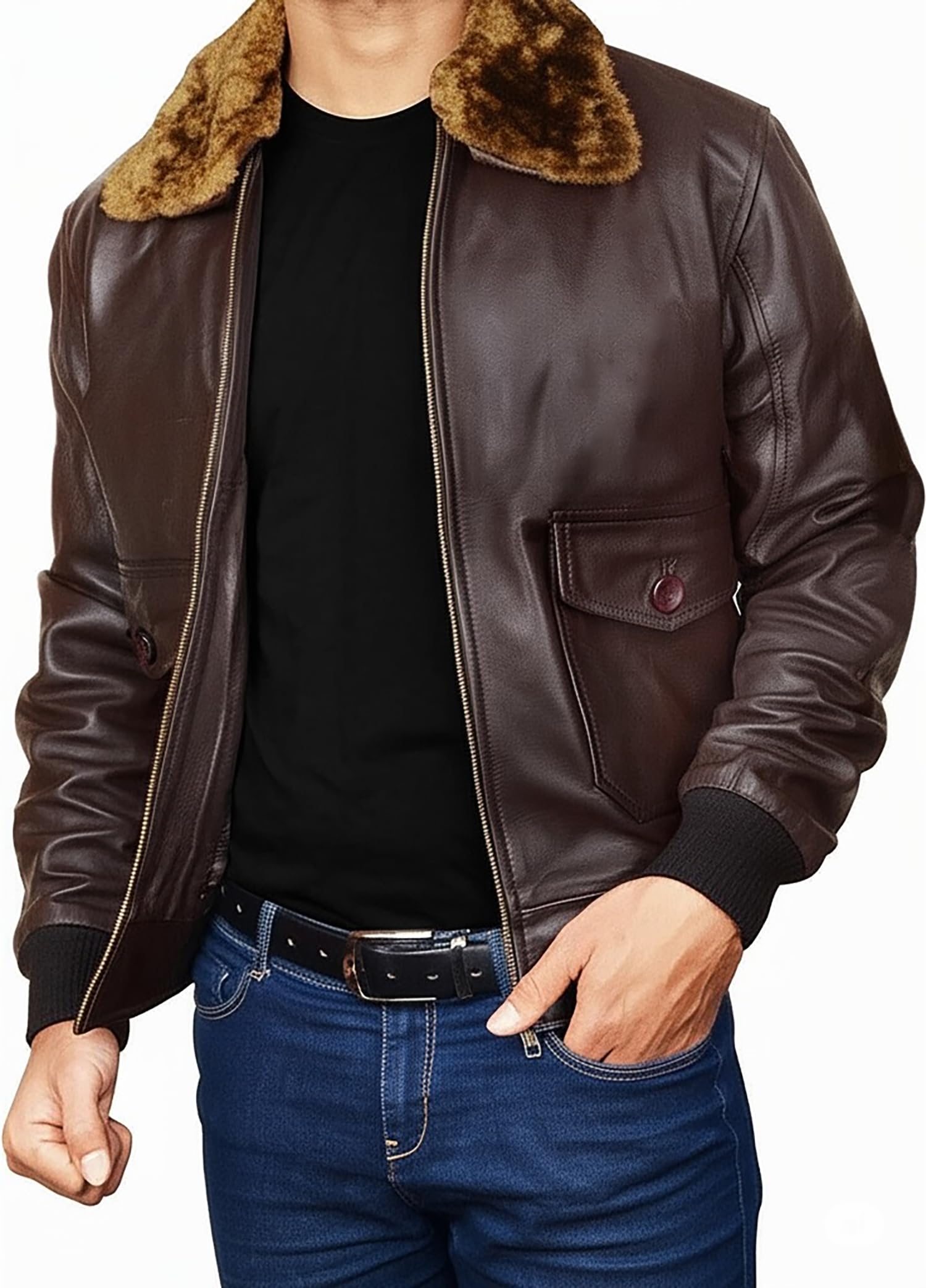 Mens G1 Flight Pilot Air Force Leather Bomber Jacket with Removable Fur Collar