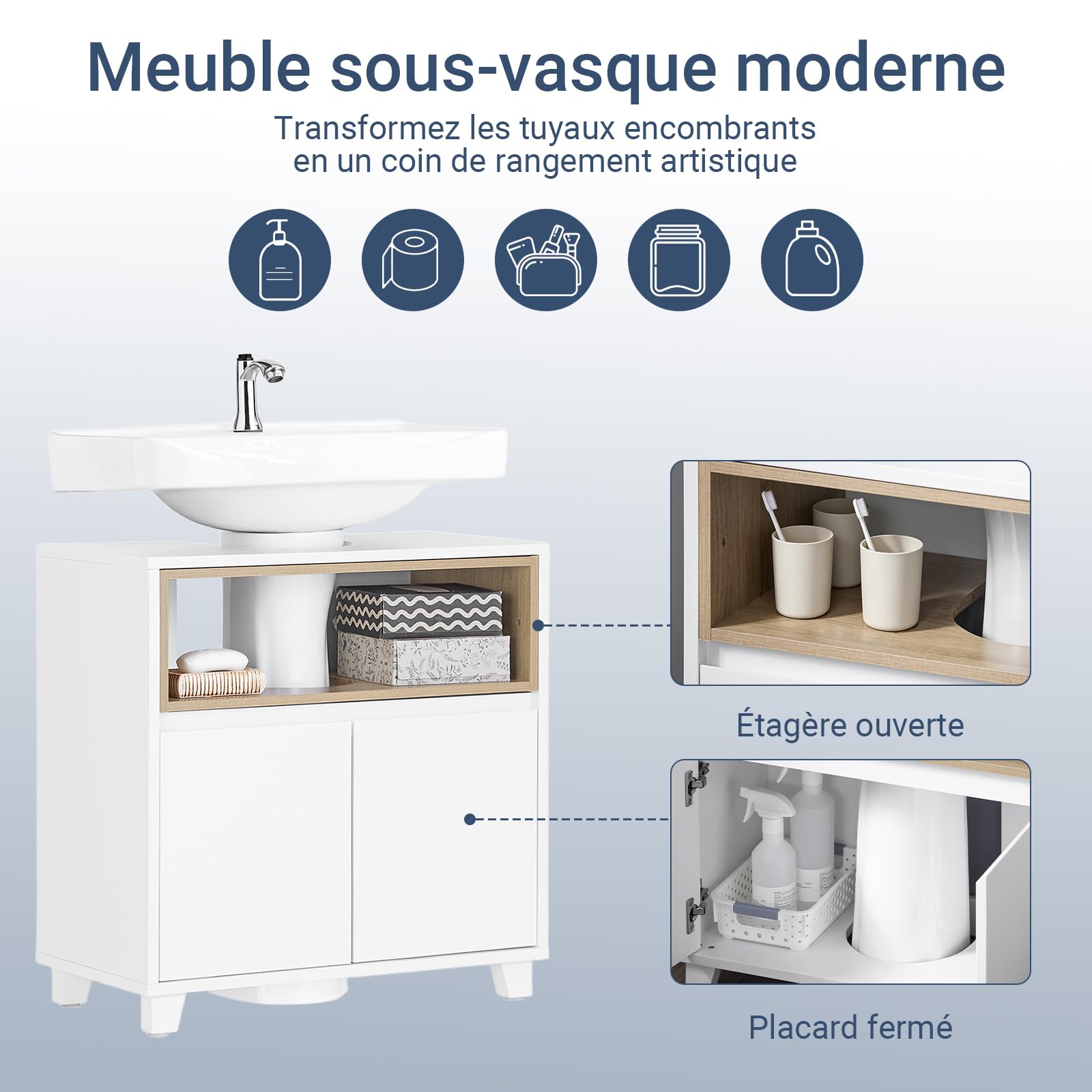 SoBuy Meuble sous Lavabo Salle de Bain Meuble Vasque Armoire de Rangement avec 2 Compartiments et Porte, Design Bois-Blanc, pour Petit Espace et Ensemble Meubles Salle de Bain 60x30x61 cm BZR148-W