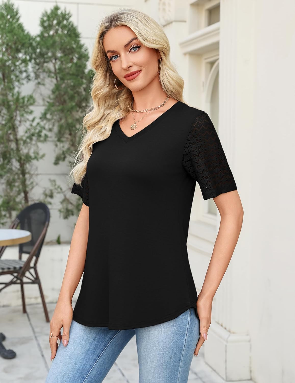 Totatuit Women's V Neck Casual Tops Lace Short Sleeve Summer Tunic Shirts for Women Loose Fit Breathable Cotton Blouses - Image 4
