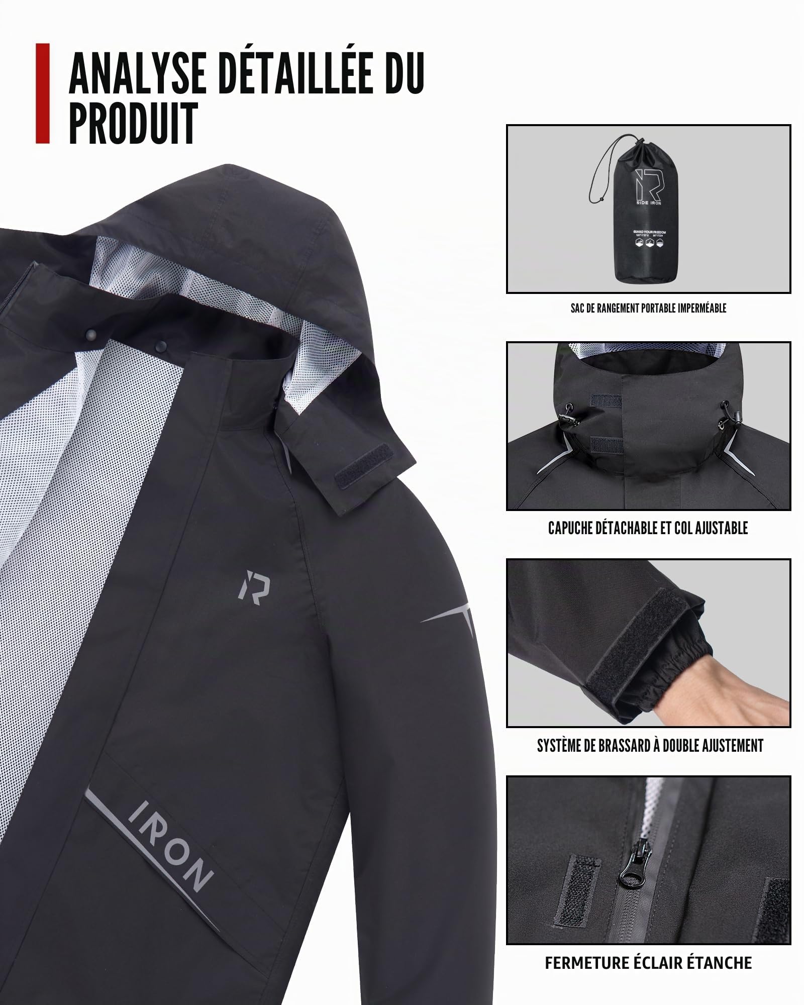 RIDEIRON Combinaison de Pluie Moto Homme Imperméable 15000 mm Capuche Amovible Bandes Réfléchissantes Noir