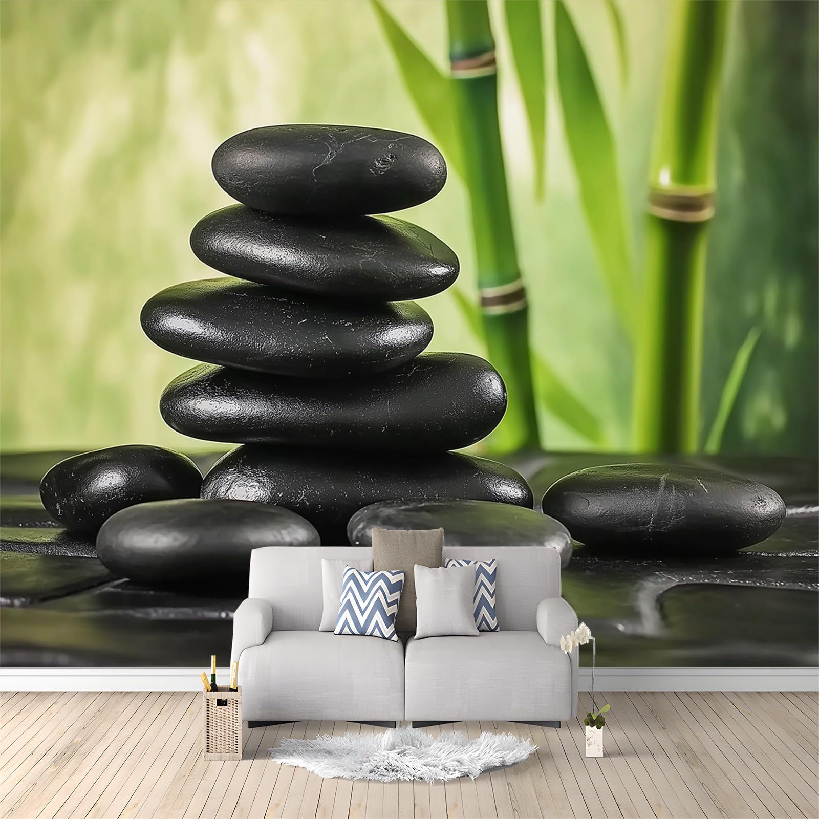 Generico Carta Da Parati Fotografica 3d Effetto Pietra da Meditazione Bambù Moderna Design 250x175 cm Carta per Pareti Soggiorno Camera Da Letto Sala Fotomurali Non Tessuto