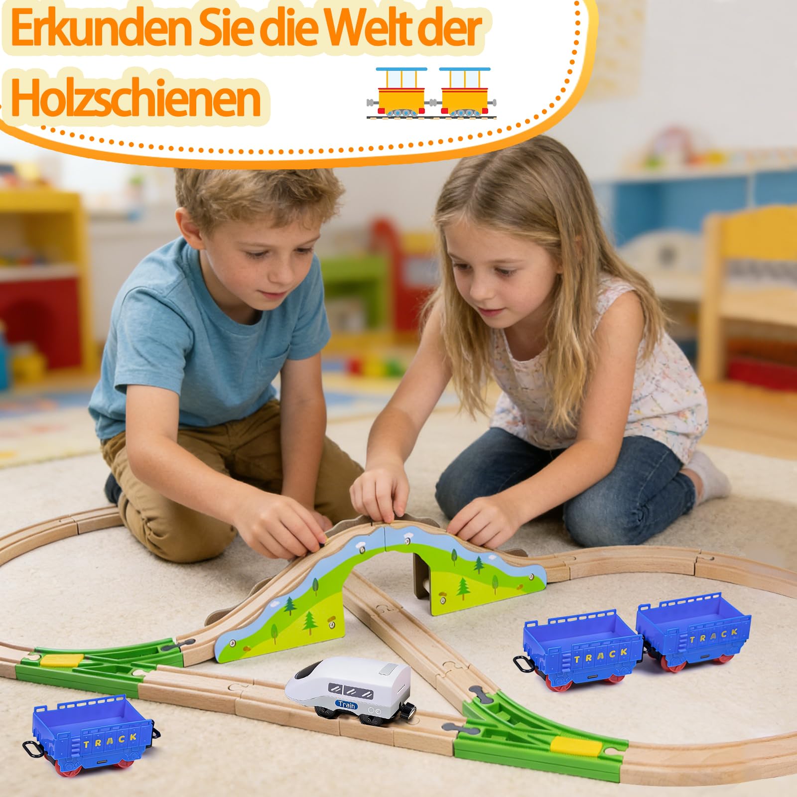 Holzeisenbahn Schienenset, Kompatibilität mit Allen Holzeisenbahn Zubehör und Holzschienen, Erweiterungsset für Modellbahn, kreatives Spielen für Kinder ab 3 Jahren（Holz-Waldbahnschienen）