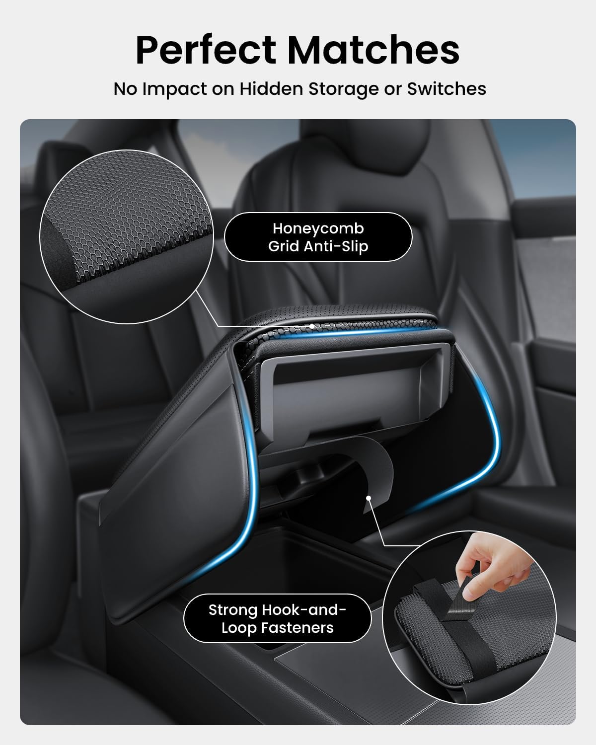 REEVAA 2025 Tesla Center Console Armrest Cover for New Model Y Juniper & Model 3 Highland, with 2 Storage Bags [High-Elastic, Non-Slip] Model 3 / Model Y (2025~2026) Accessories, Black