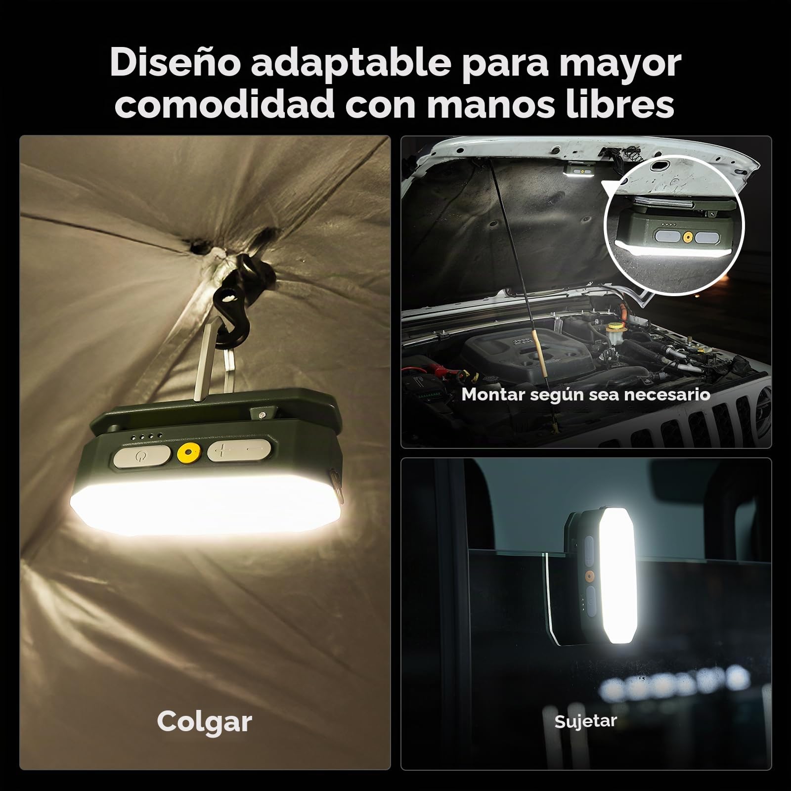 BougeRV Lámpara de camping con 3200 mAh, luz con sensor recargable, 380 lúmenes, linterna de camping con gancho e imán, para camping, viaje, emergencia, color verde oscuro