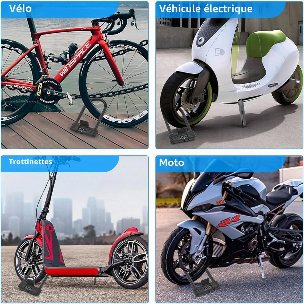 Antivol En U Robuste, Cadenas à Combinaison De 4 Chiffres Avec Mot De Passe Pour Vélo, Cadenas En U à Combinaison De Vélo, Cadenas En U Pour Vélo Pour La Maison, L'école, Les Voyages (227 * 112 MM)
