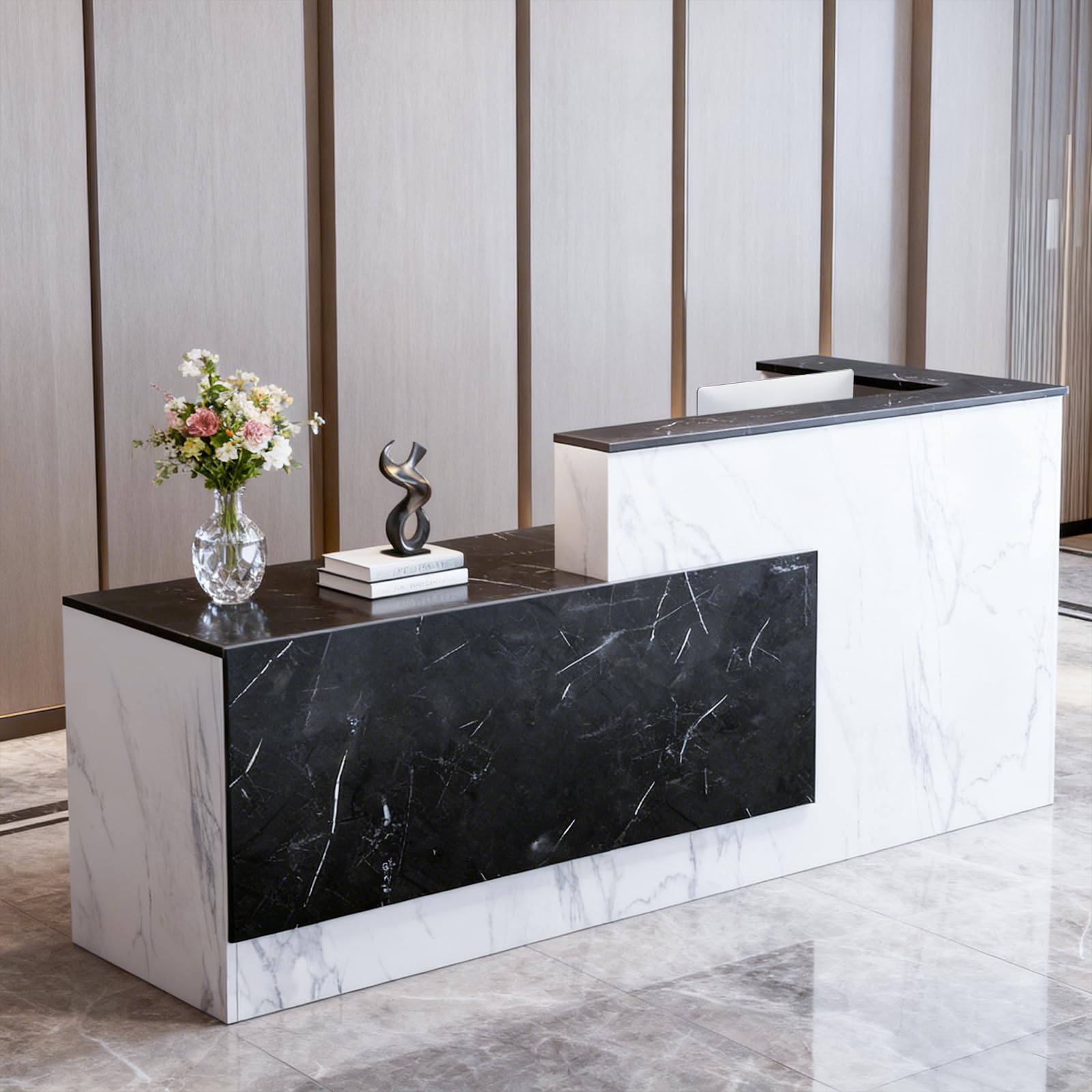 Yorkgargen L-Shaped Large Wooden Reception Desk, Modern Front Desk Reception Counter with Lockable Drawers & Storage & Keyboard Tray, for Checkout,