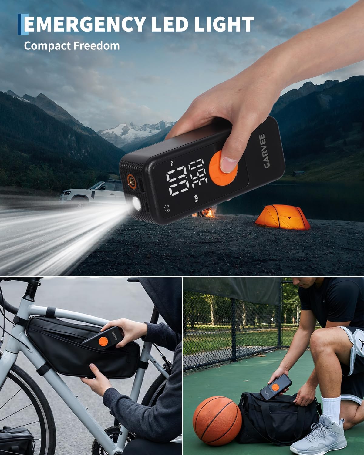Garvee Portable Tire Inflator Air Compressor, 150PSI Cordless Air Pump, 4X Fast Inflation, Digital Pressure Gauge with Auto Shut-Off, LED Light, Rechargeable Tire Pump for Car, Motorcycle, Bike, Balls