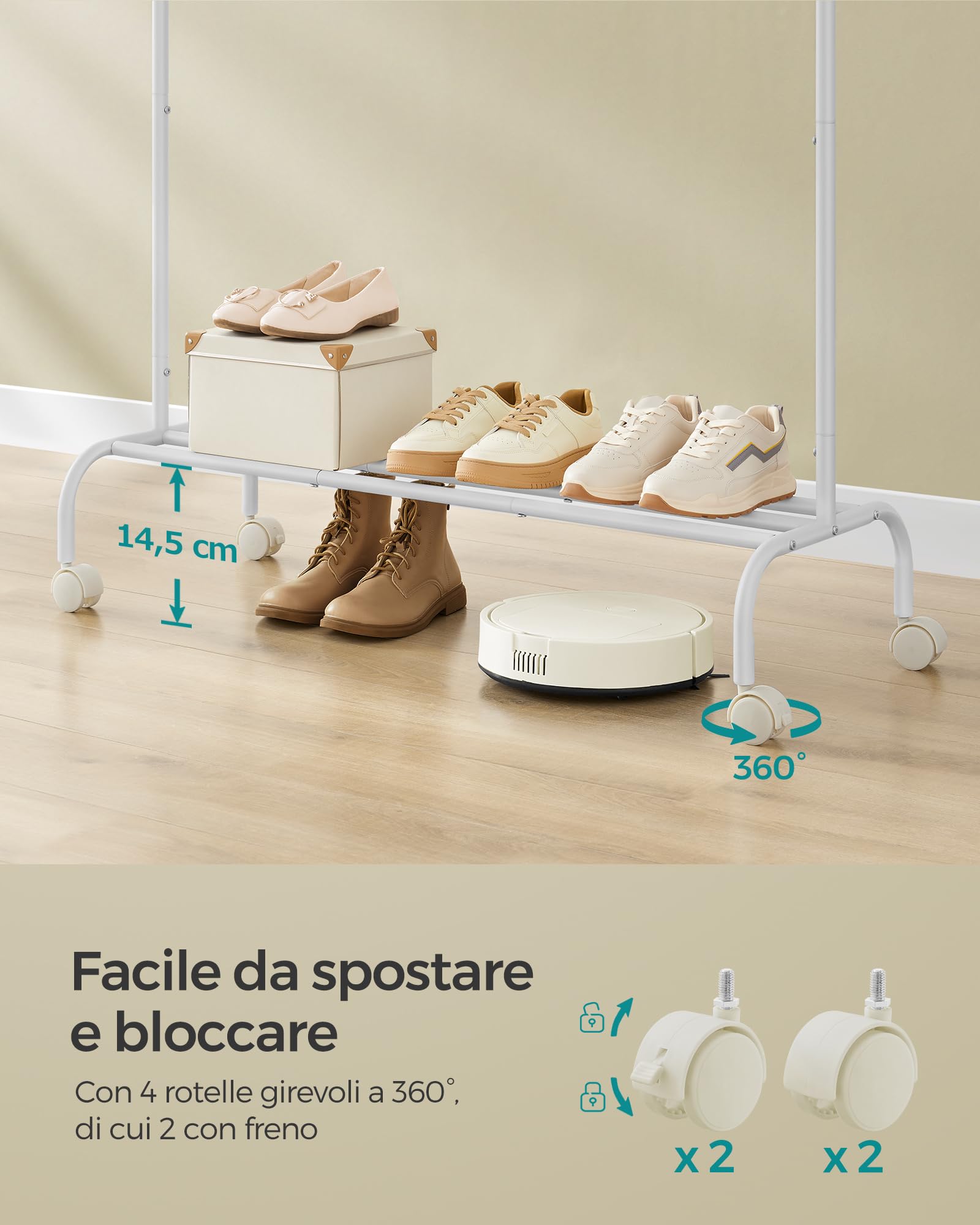 SONGMICS Appendiabiti singolo, struttura in metallo resistente, con ruote e ripiano, portata massima 50 kg, larghezza 103,5 cm, colore: bianco nuvola HSR131W01