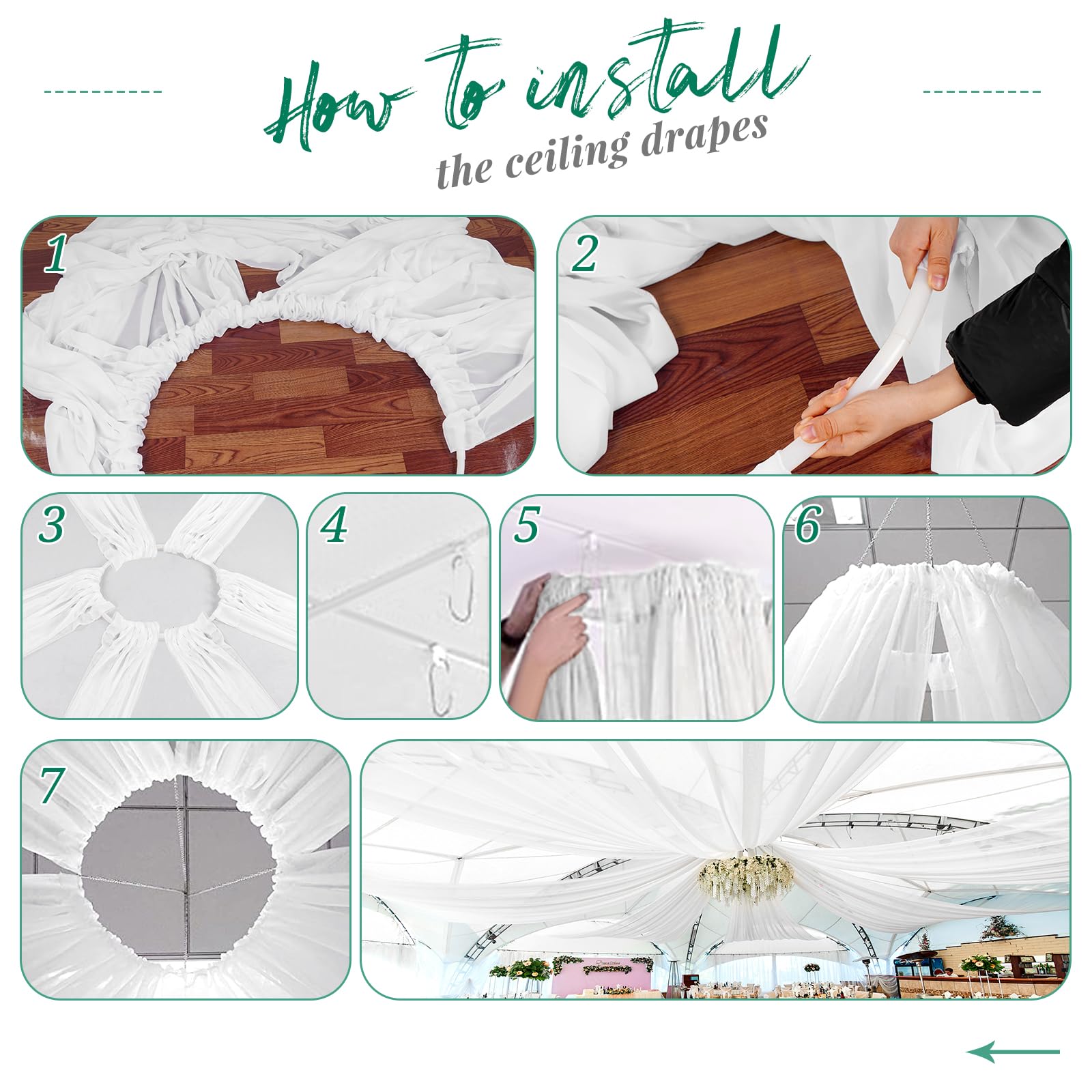 Lot de 6 rideaux de plafond en mousseline de soie transparente pour mariage, plafond, fête, cérémonie, scène, 1,5 x 4,6 m, blanc