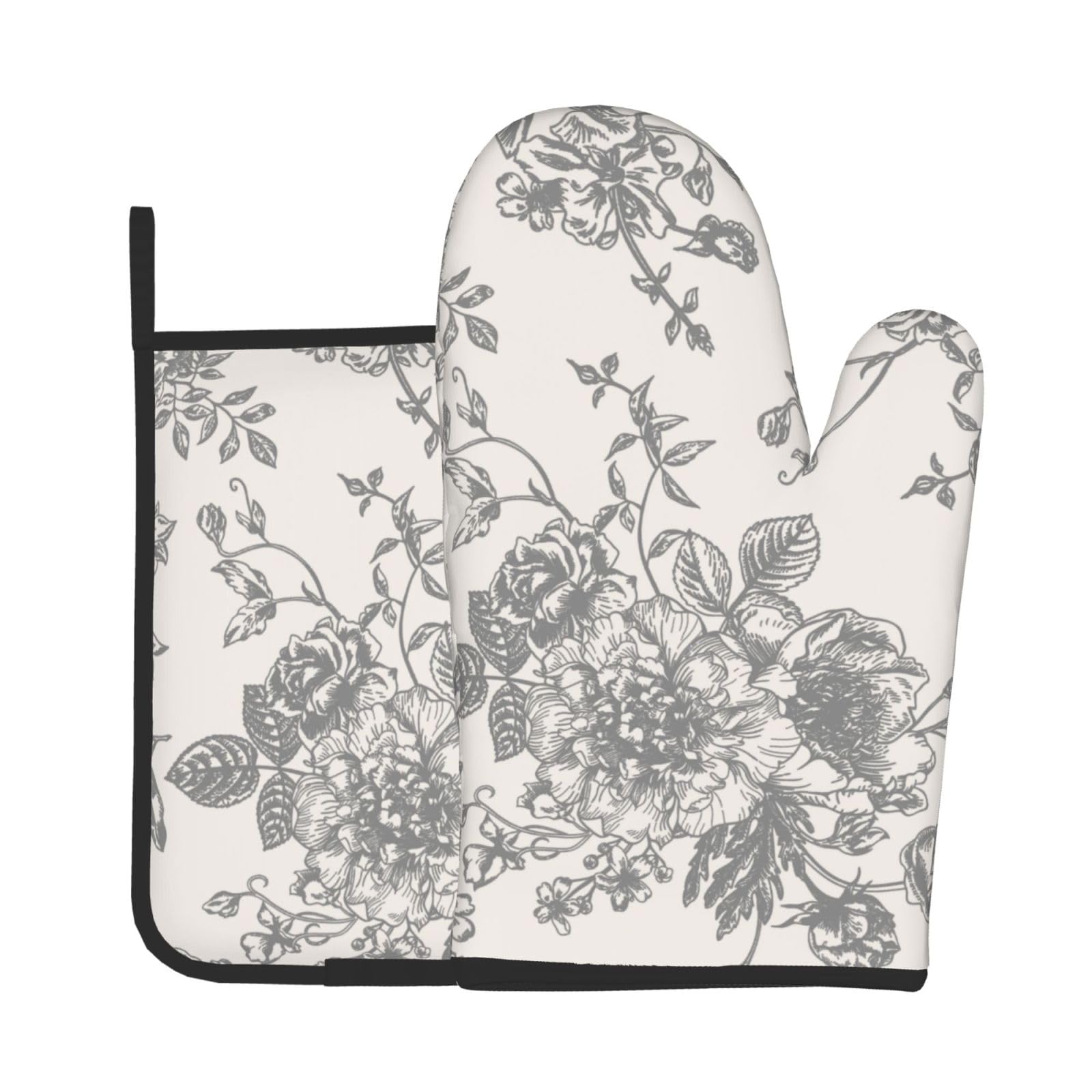 Vintage Floral Oven Mitts and Pot Holders Sets - Grey Floral Kitchen Mitts Potholders 2 Pack Heat Resistant Farmhouse Flower Oven Gloves Hot Pads for Kitchen Baking Grilling Party