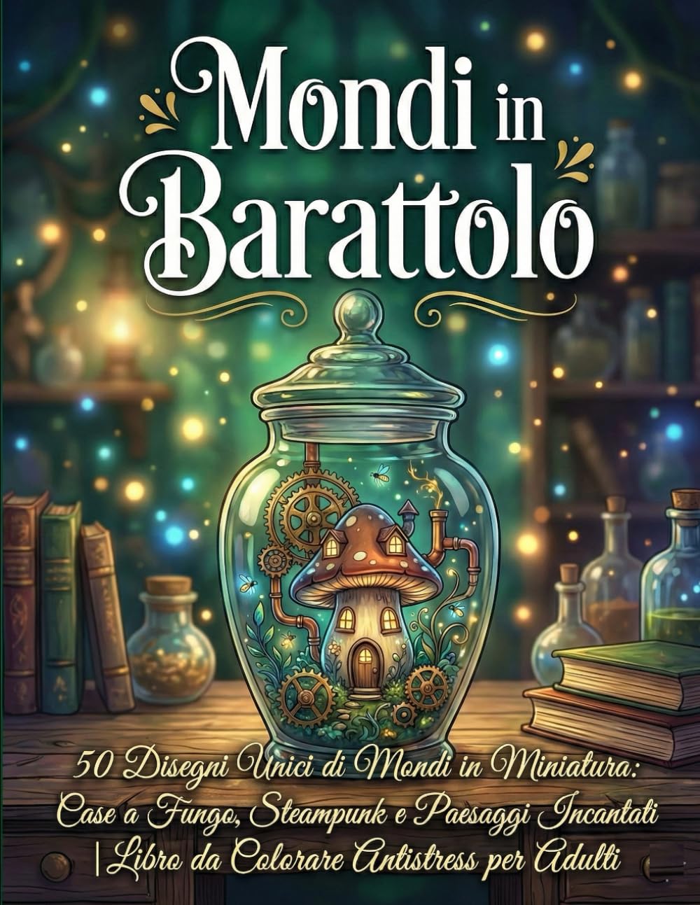 Mondi in Barattolo: 50 Disegni Unici di Mondi in Miniatura: Case a Fungo, Steampunk e Paesaggi Incantati | Libro da Colorare Antistress per Adulti