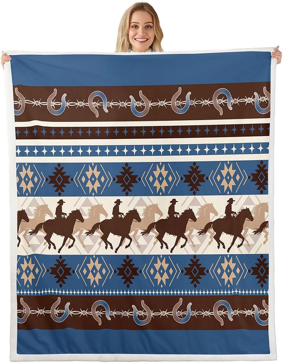 Feelyou Western Sherpa Blanket Plush Fuzzy Southwestern Fleece Throw Blanket Boys Girls Horse for Bed Couch Chair Living Room Galloping Horse Bedroom Decor Tribal Blue 40"x50"