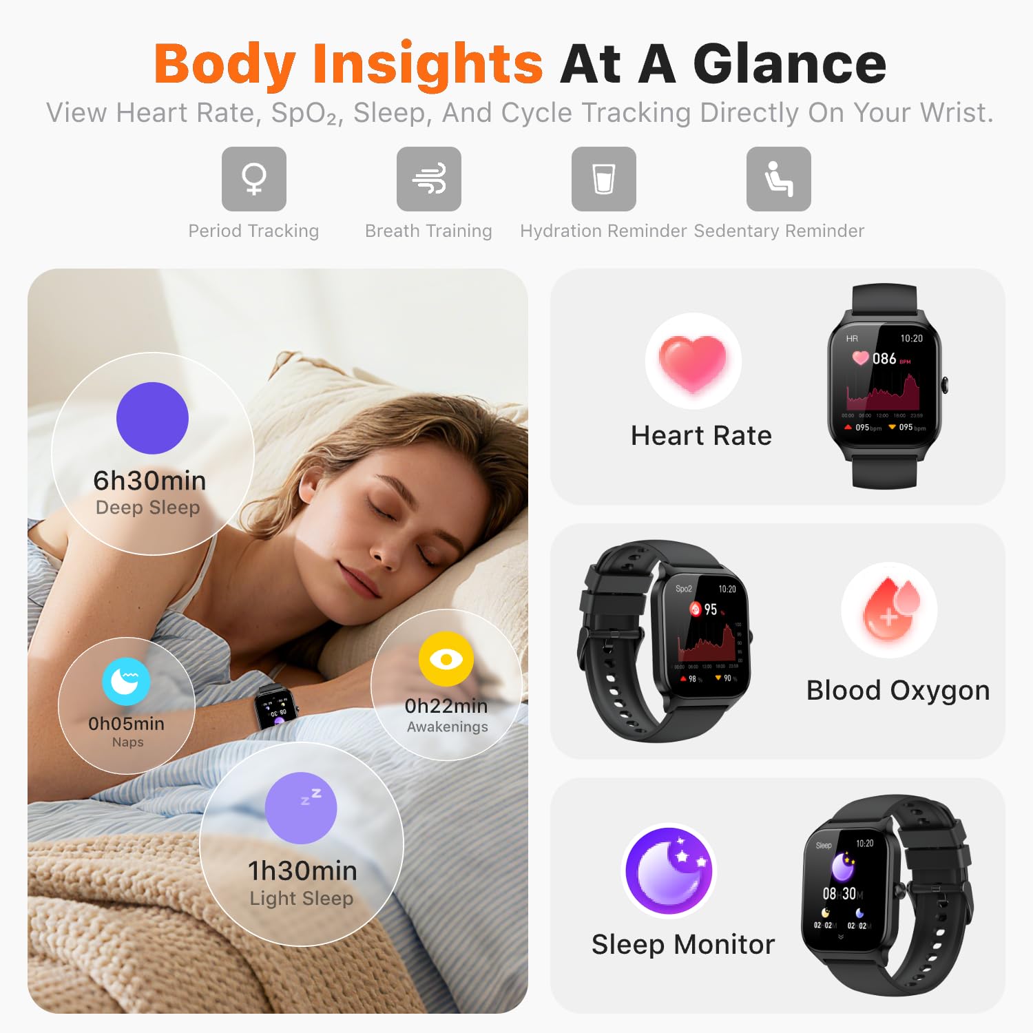 Smart Watch for Women Men - Answer/Make Call, Fitness Tracker Smartwatch for Android iPhone Compatible, Sleep Female Cycle, 120+ Sports Modes Step Counter (Midnight Black, 2 Straps) — view 4