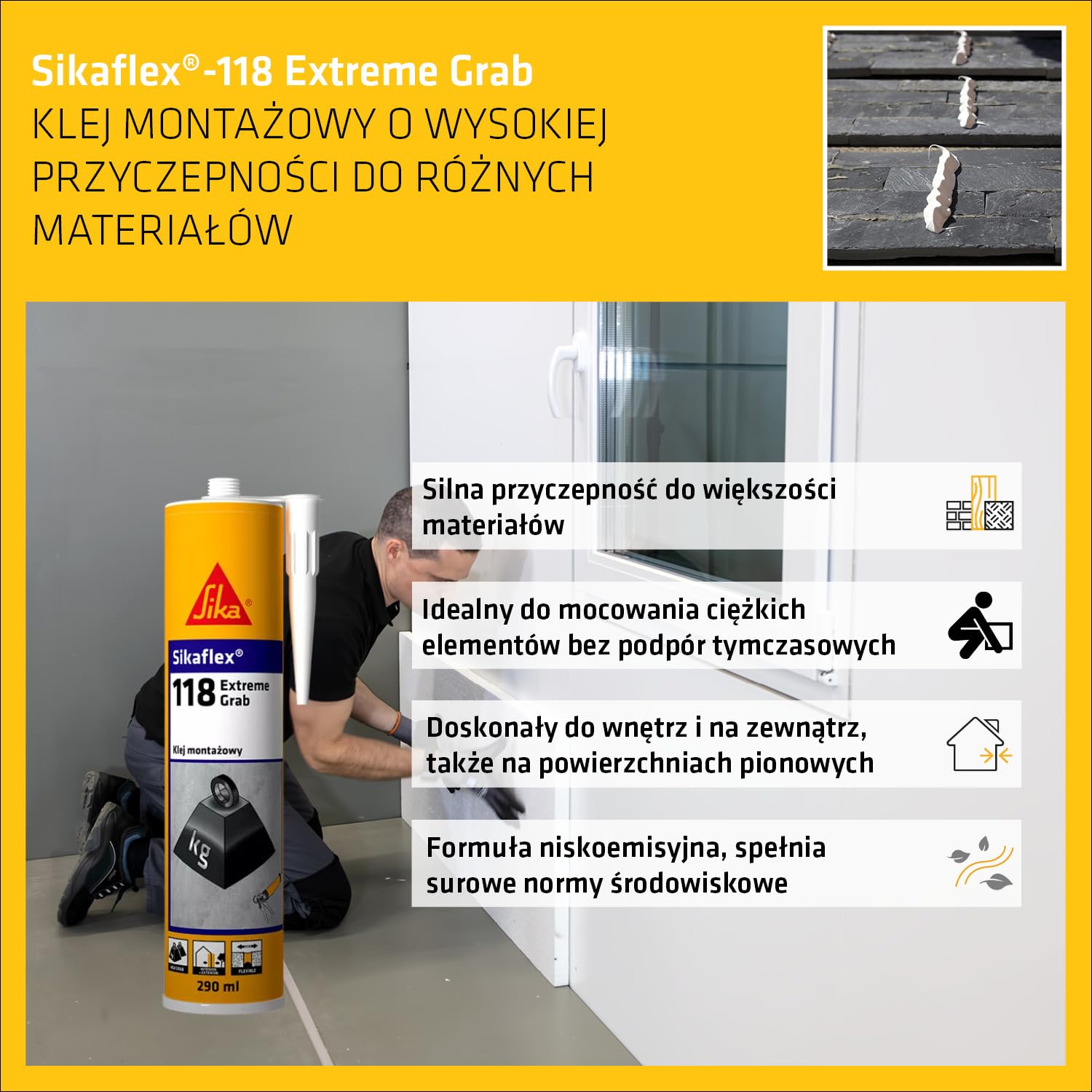 Sika - klej montażowy - bardzo wysoka przyczepność początkowa - Sikaflex-118 Extreme Grab do większości typowych podłoży budowlanych - biały - 290 ml