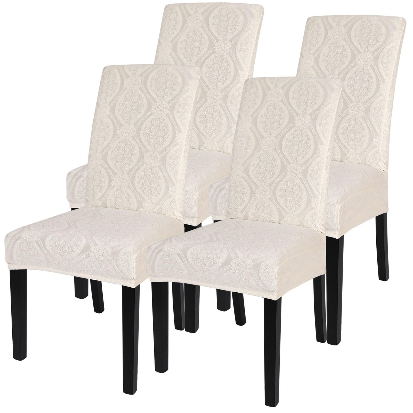 SearchI Jacquard Dining Room Chair Covers Set of 4, Stretch Kitchen Chair Covers Washable Parsons Chair Slipcover Removable Dining Chair Protectors for Hotel,Ceremony(Beige Geometric Jacquard)