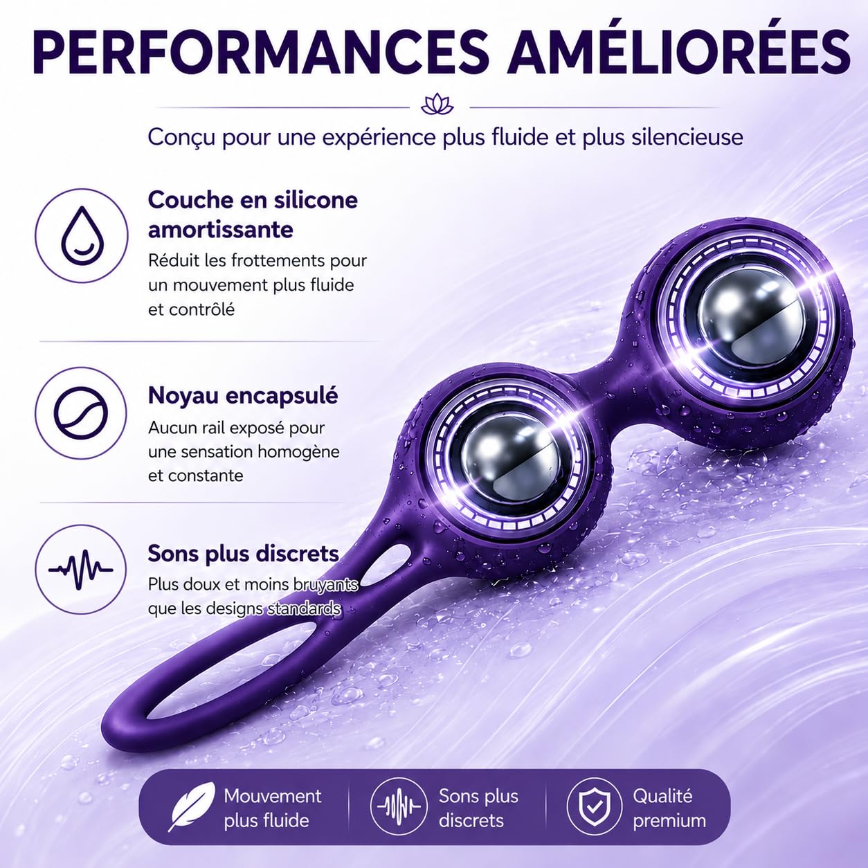 Boules de Geisha Medical Silicone pour Exercices de Plancher Pelvien - 3 boules évolutives-Intimité Accrue Avec Des Muscles Pelviens Plus Forts (La couleur violette)