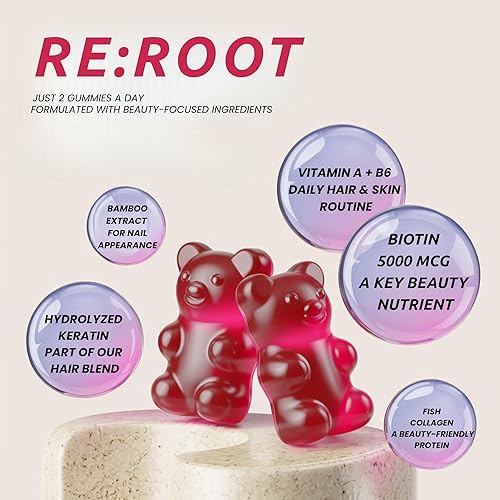 Miniatura 2 de REROOT Gomitas de belleza capilar  5000 mcg de biotina, colágeno, queratina, MSM  Soporte para cabello, piel y uñas  Vegano  Sabor a bayas  60