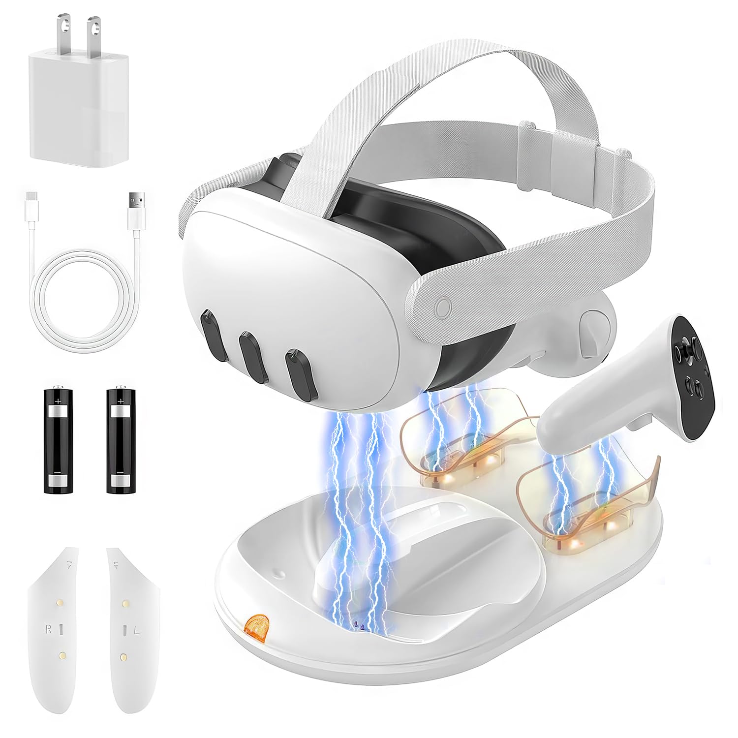GEEKERACharging Dock for Meta Quest 3, Magnetic Charging Stand for Oculus/Meta Quest 3 VR Headset & Controllers, Fast Charging Station with 18w Power Adapter/LED Light/2 Rechargeable Batteries